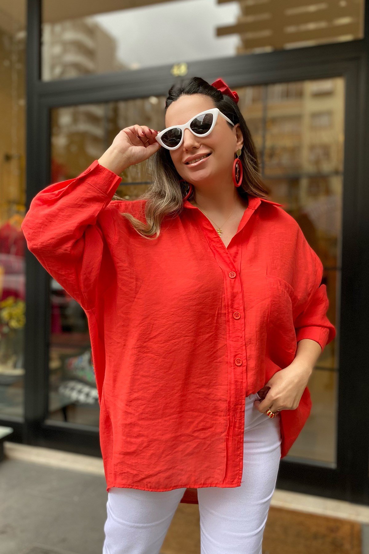 Düşük Omuz Oversize Nar Çiçeği Gömlek