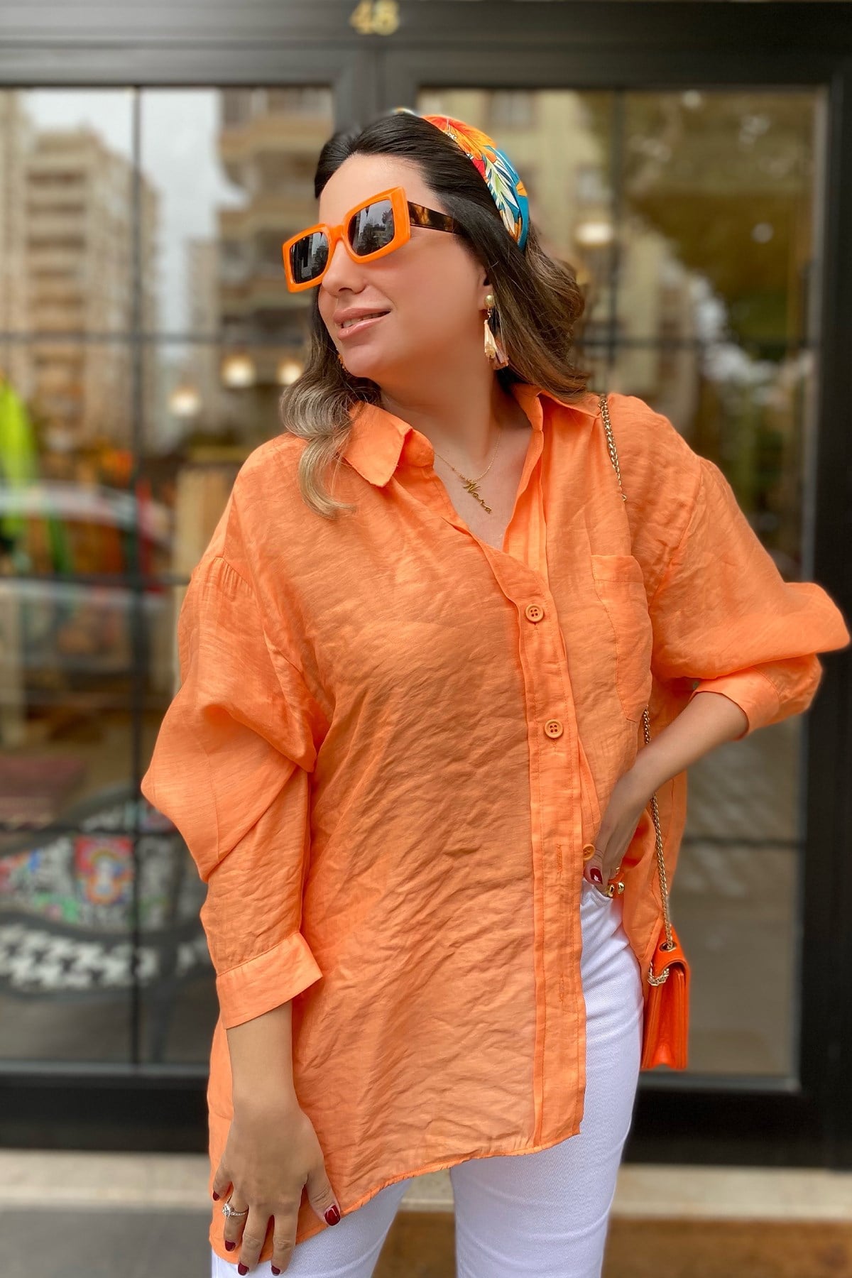 Düşük Omuz Oversize Orange Gömlek