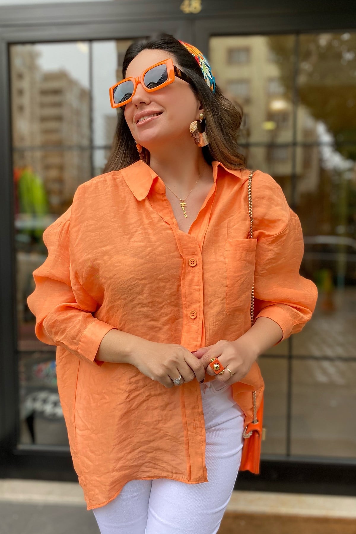 Düşük Omuz Oversize Orange Gömlek