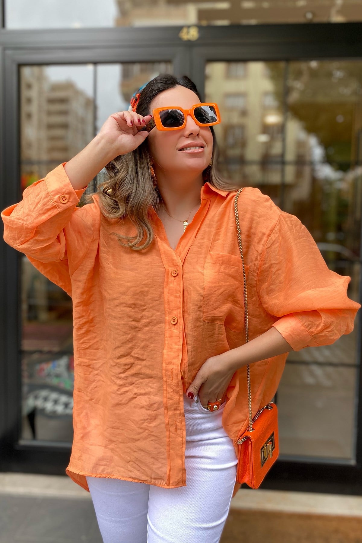 Düşük Omuz Oversize Orange Gömlek