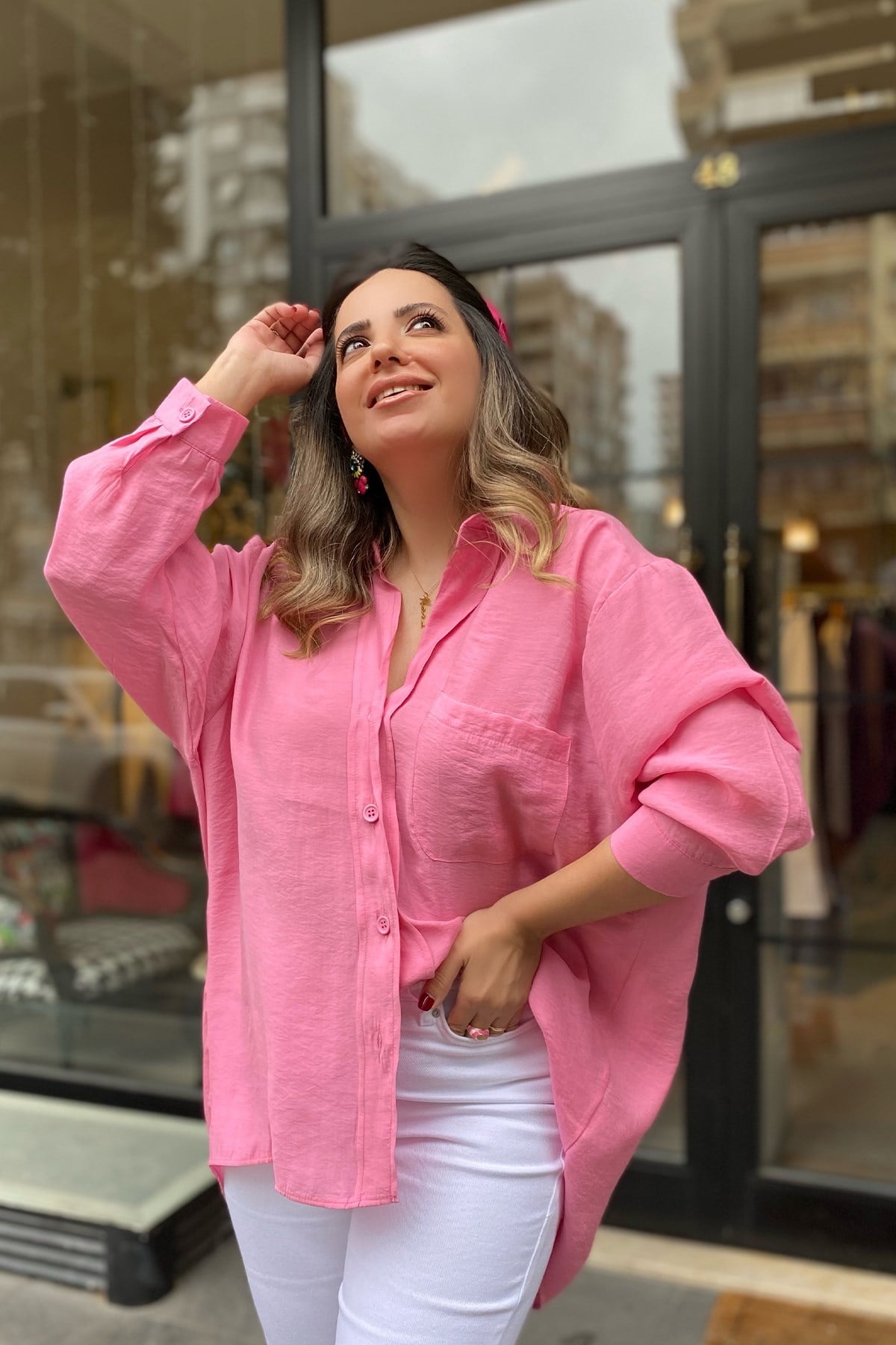 Düşük Omuz Oversize Pembe Gömlek