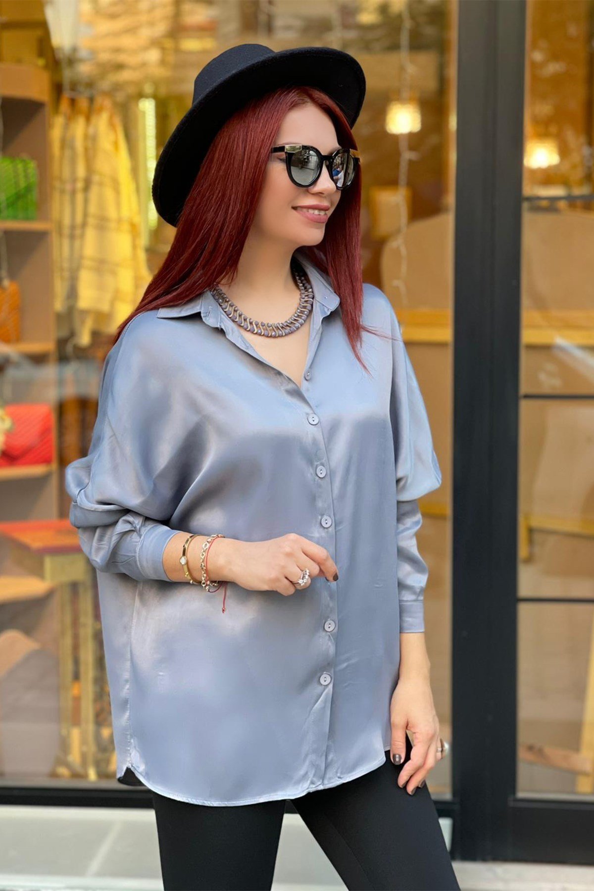 Düşük Omuz Saten Mavi Oversize Gömlek