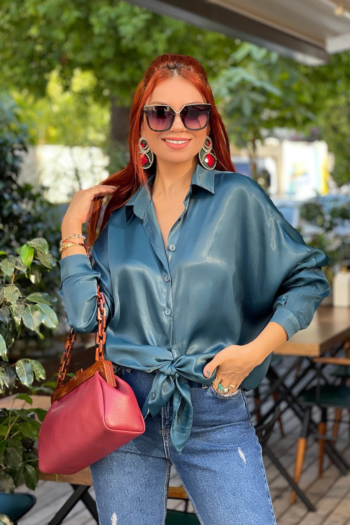 Düşük Omuz Saten Petrol Yeşili Oversize Gömlek