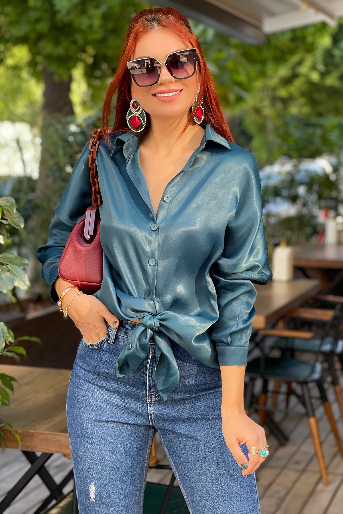 Düşük Omuz Saten Petrol Yeşili Oversize Gömlek