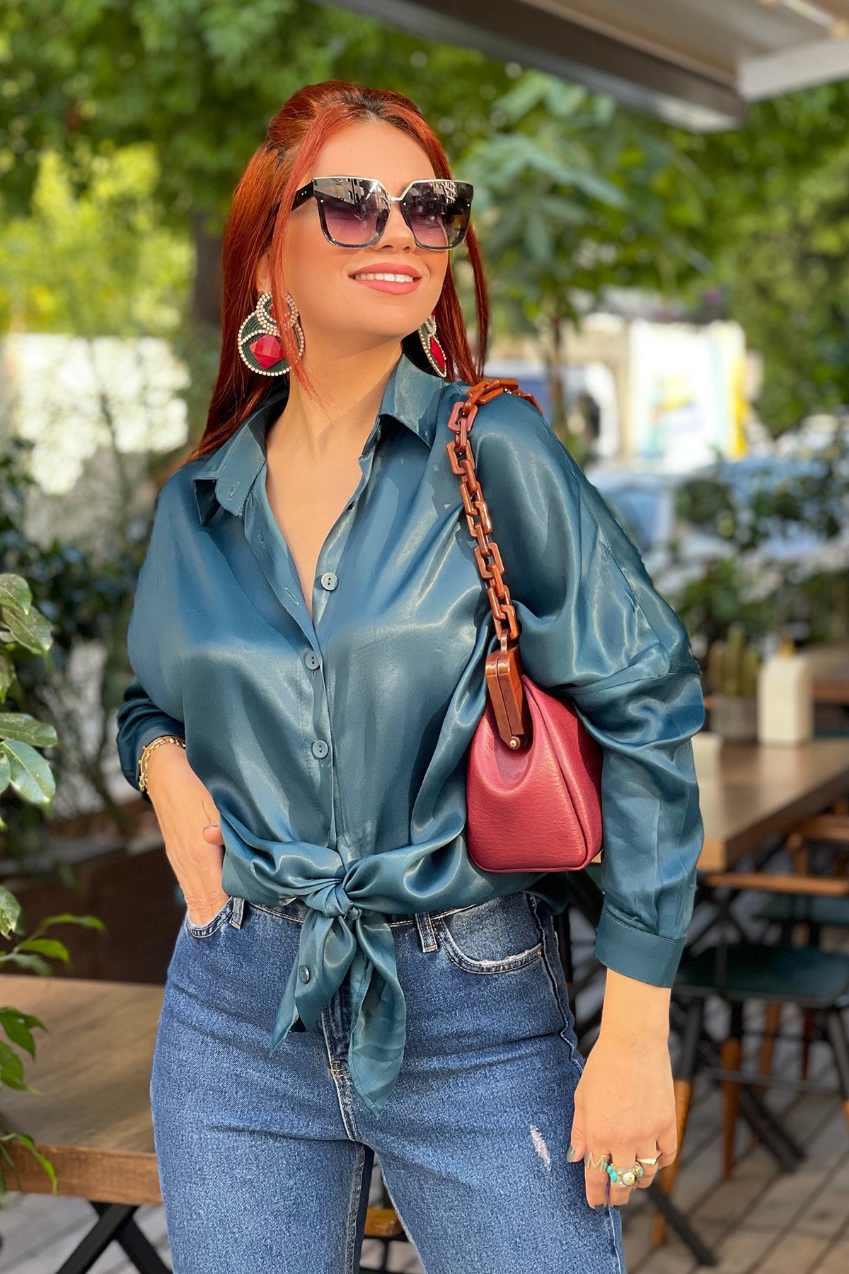 Düşük Omuz Saten Petrol Yeşili Oversize Gömlek