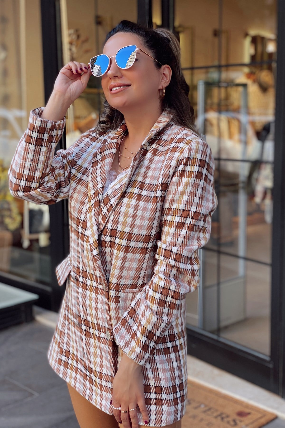 Ekose Taba Desenli Blazer Ceket