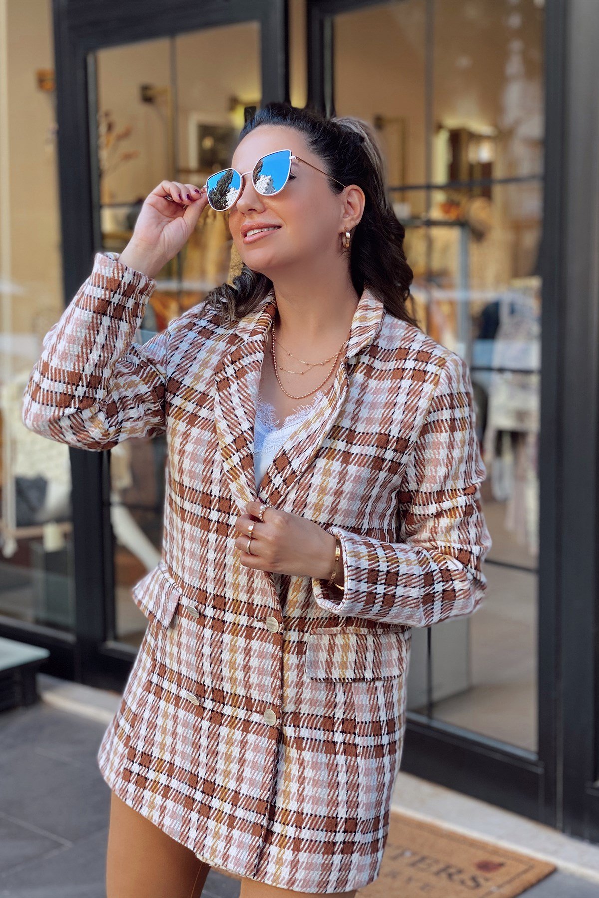 Ekose Taba Desenli Blazer Ceket