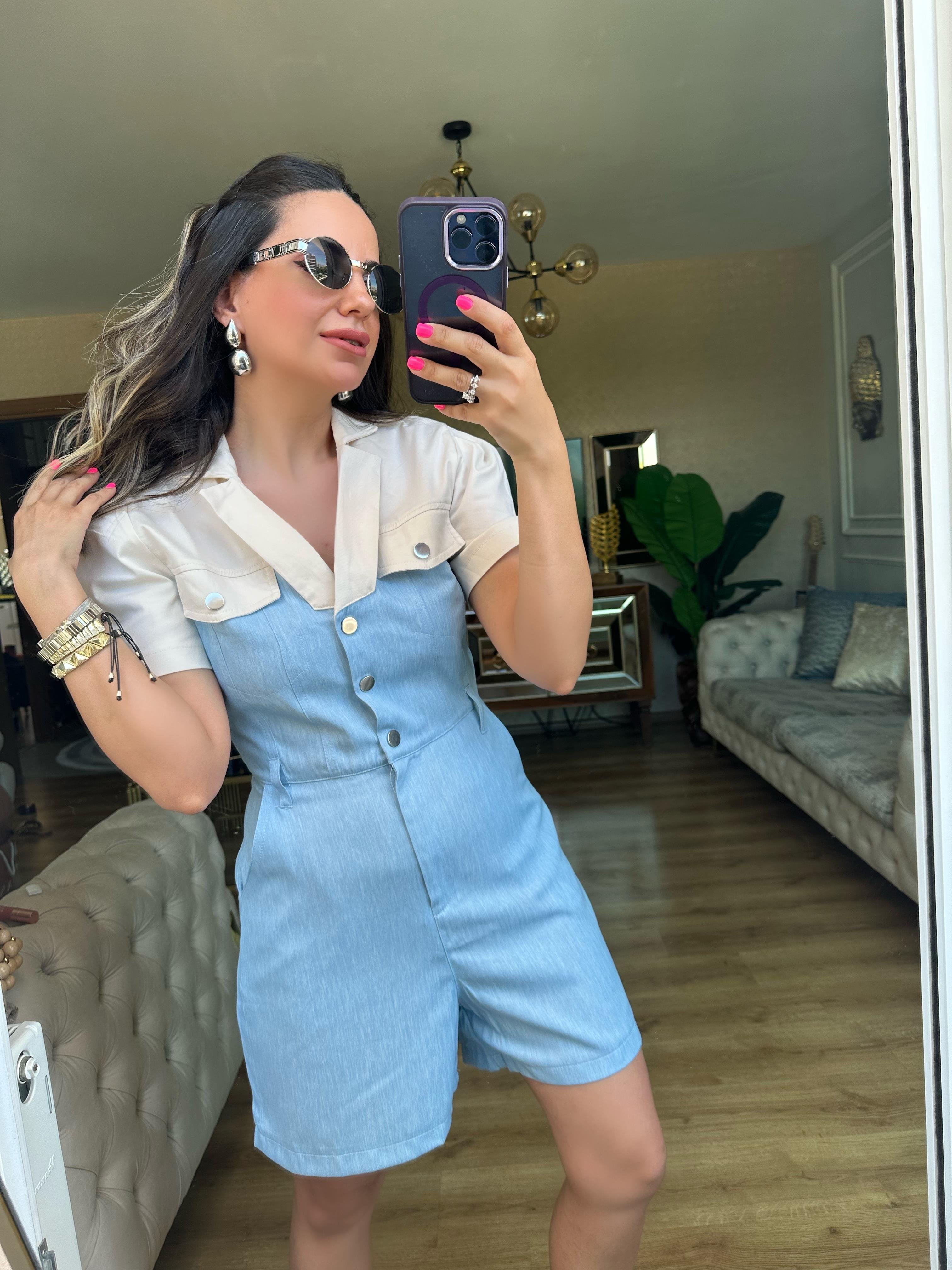 Ekru Mavi Garnili Tulum