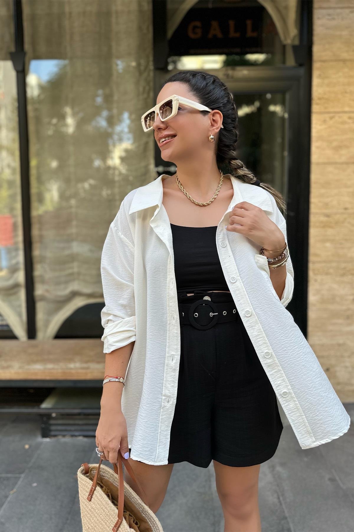Ekru Tek Cepli Oversize Gömlek