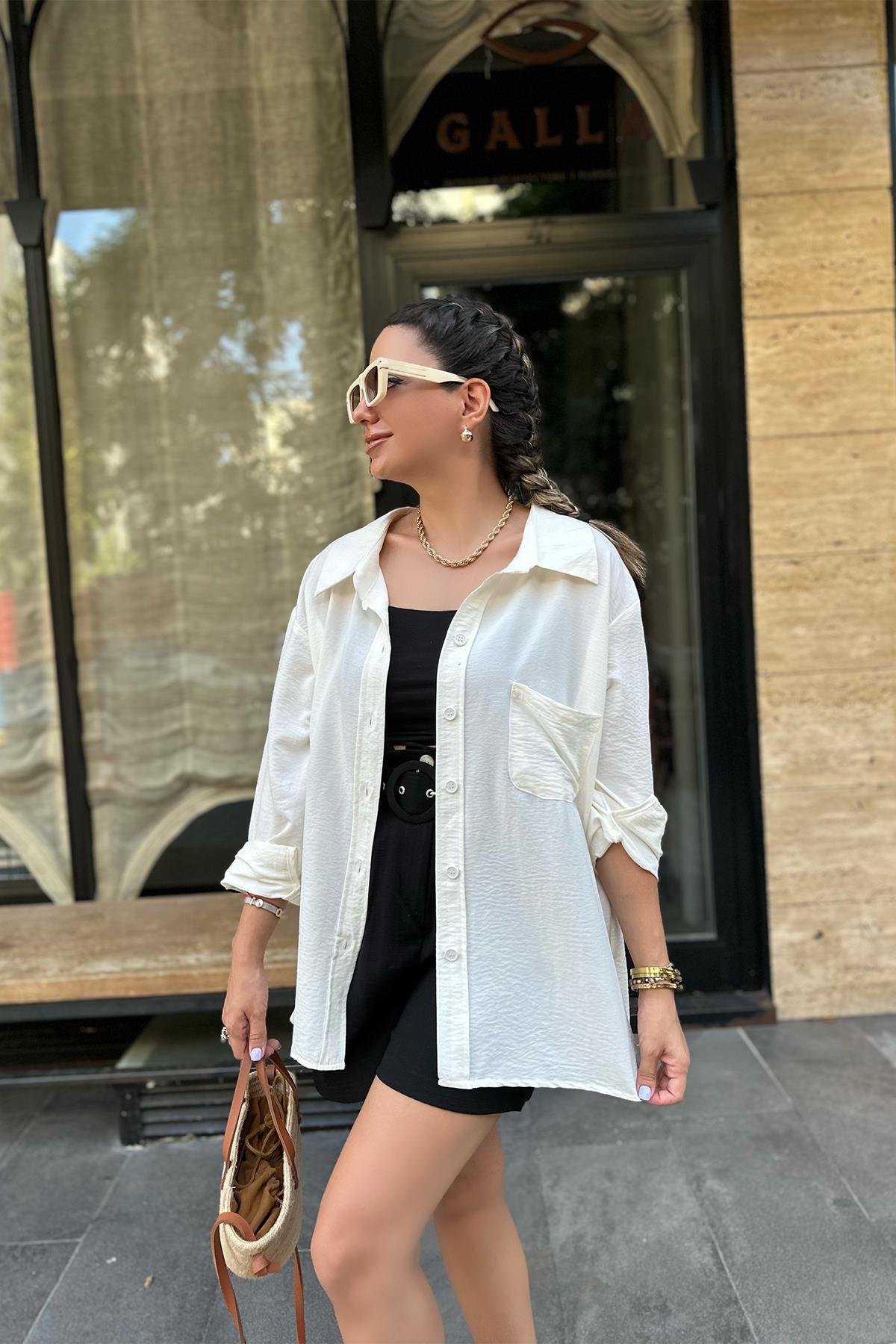 Ekru Tek Cepli Oversize Gömlek