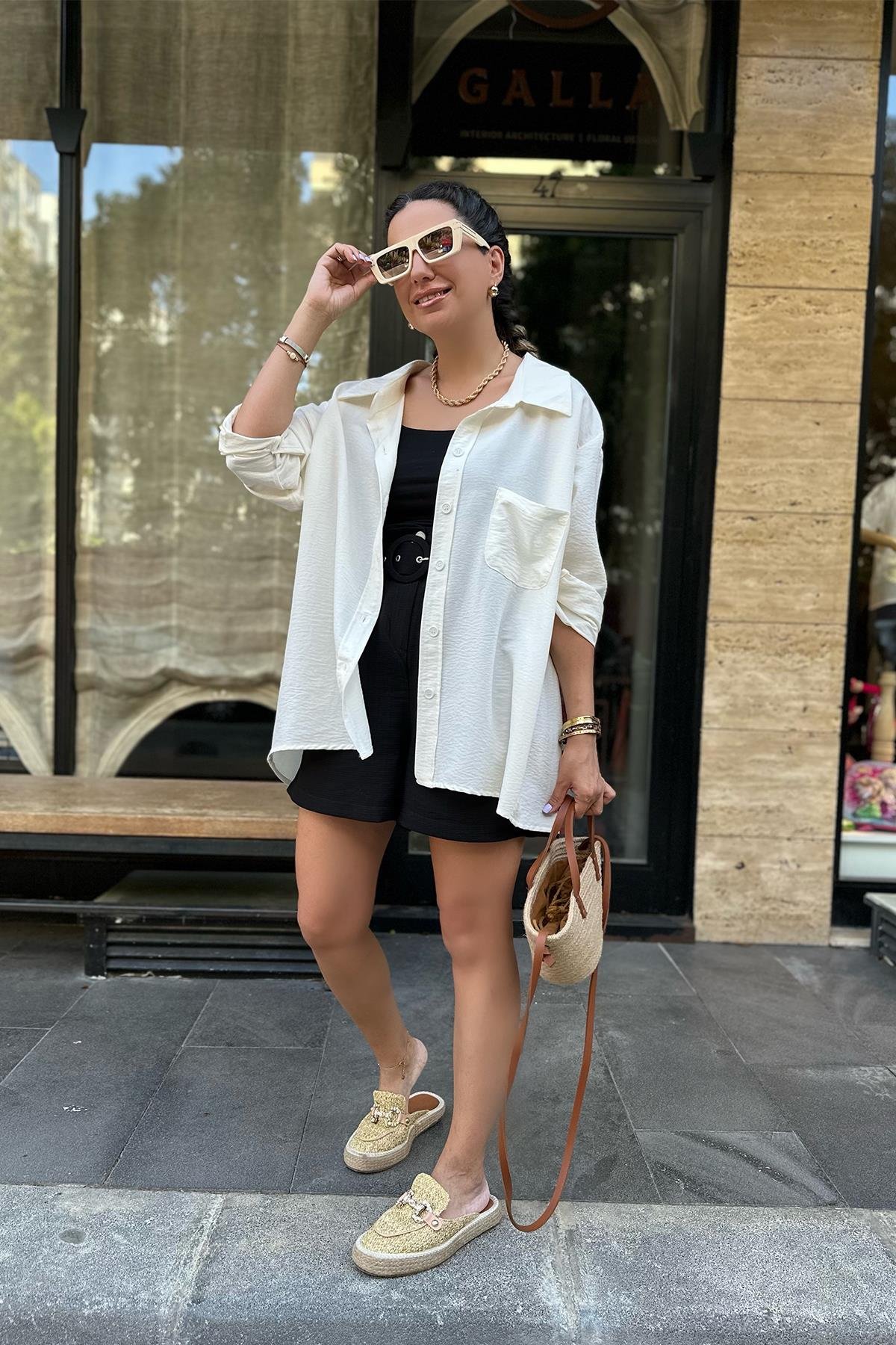 Ekru Tek Cepli Oversize Gömlek