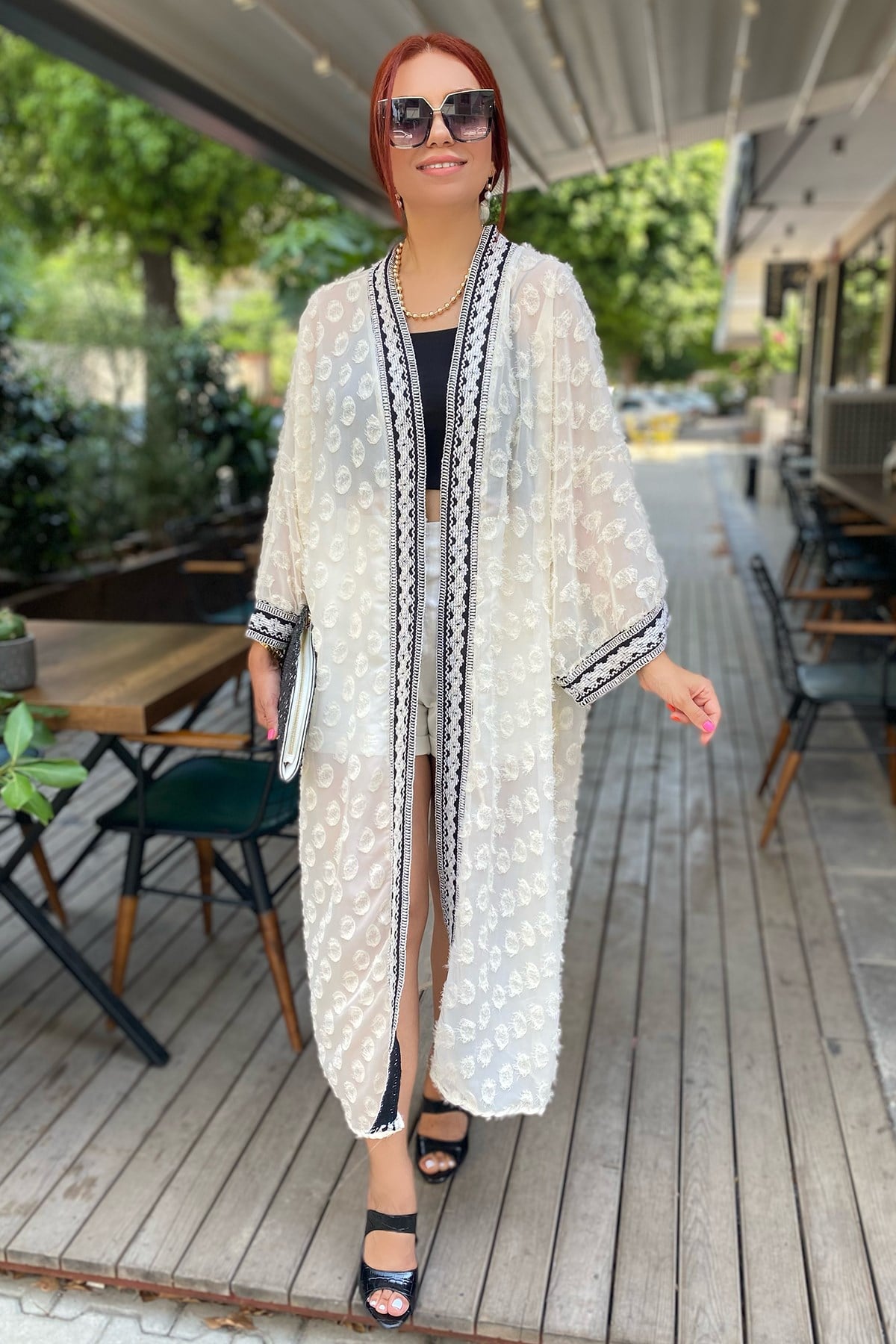 Ekru Tül Detaylı Kimono