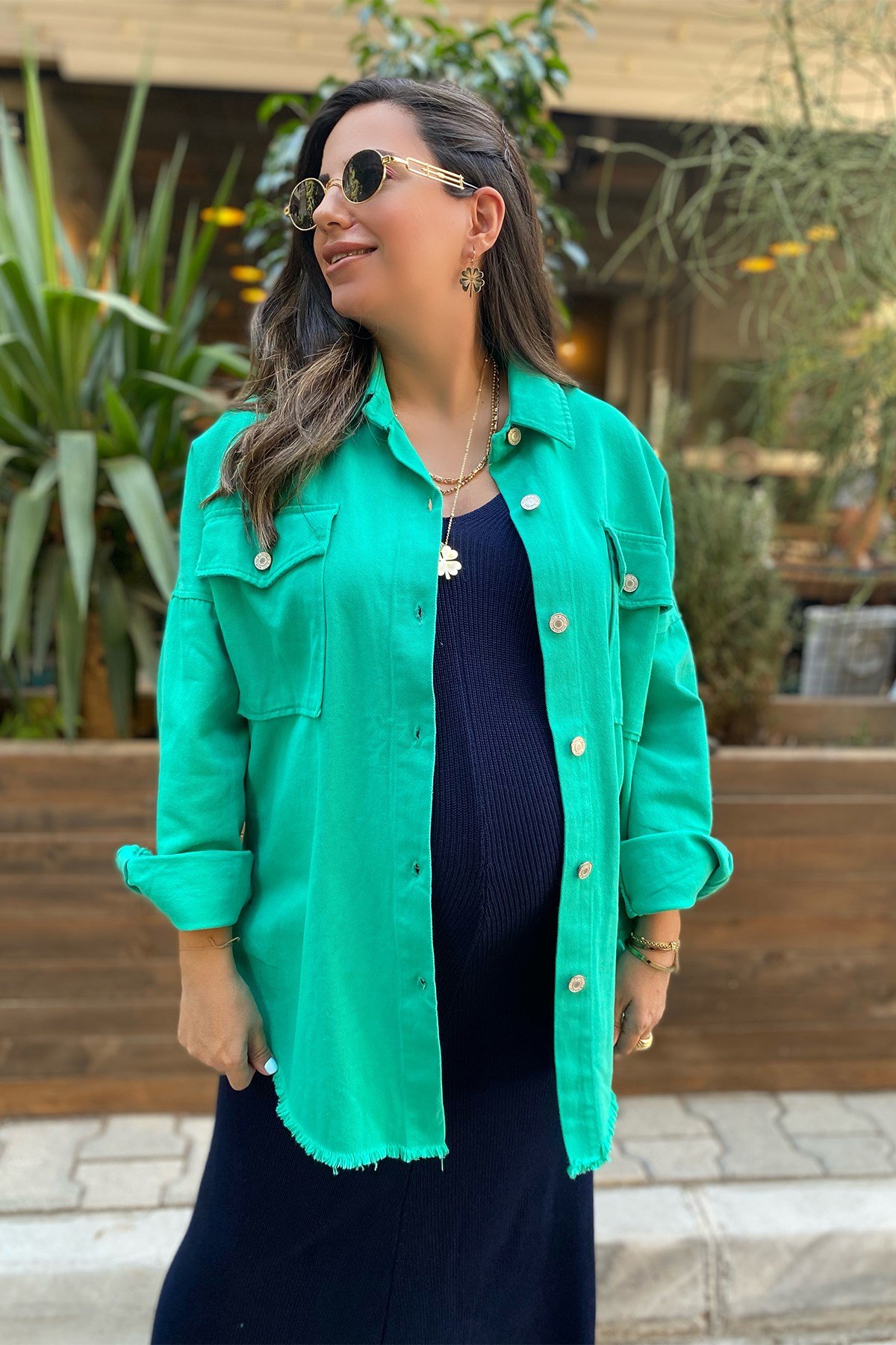 Eteği Püsküllü Yeşil Gabardin Ceket