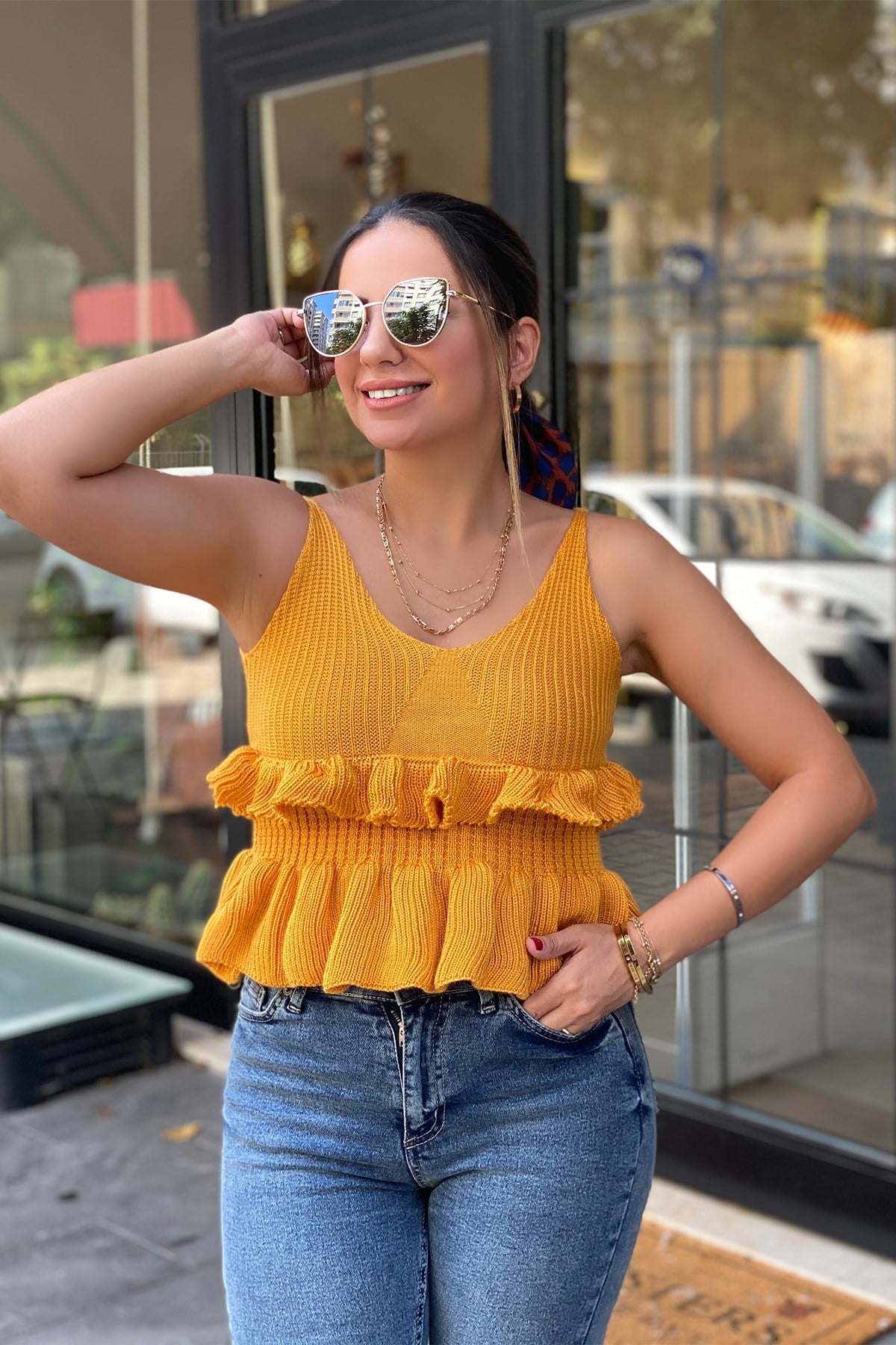 Fıfırlı Hardal Sarı Triko Bluz