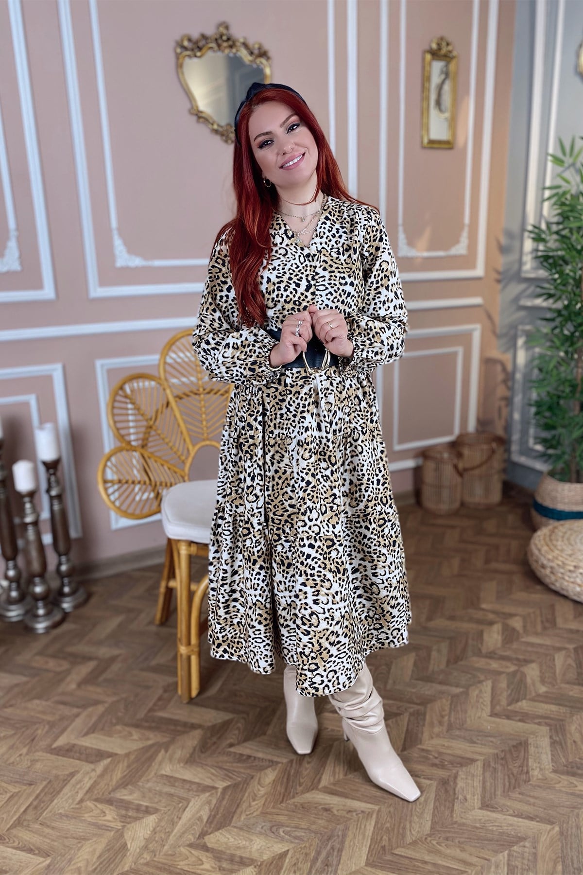 Fırfırlı Leopar Uzun Kol Elbise