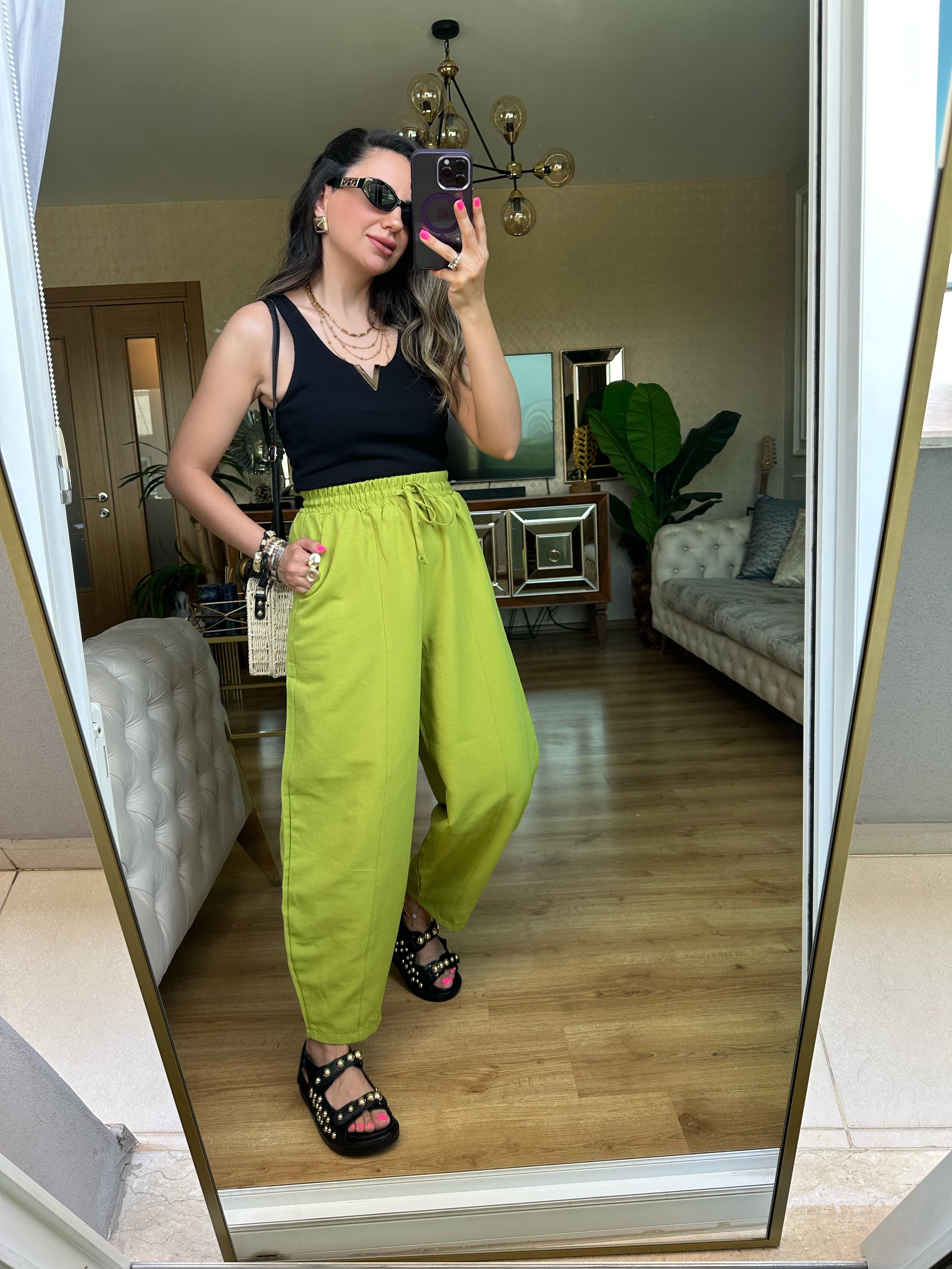 Fıstık Yeşil Beli Lastikli Keten Pantolon