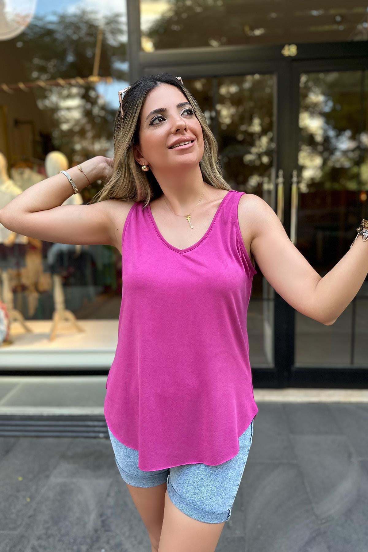 Fuşya Kolsuz Modal Kumaş Bluz