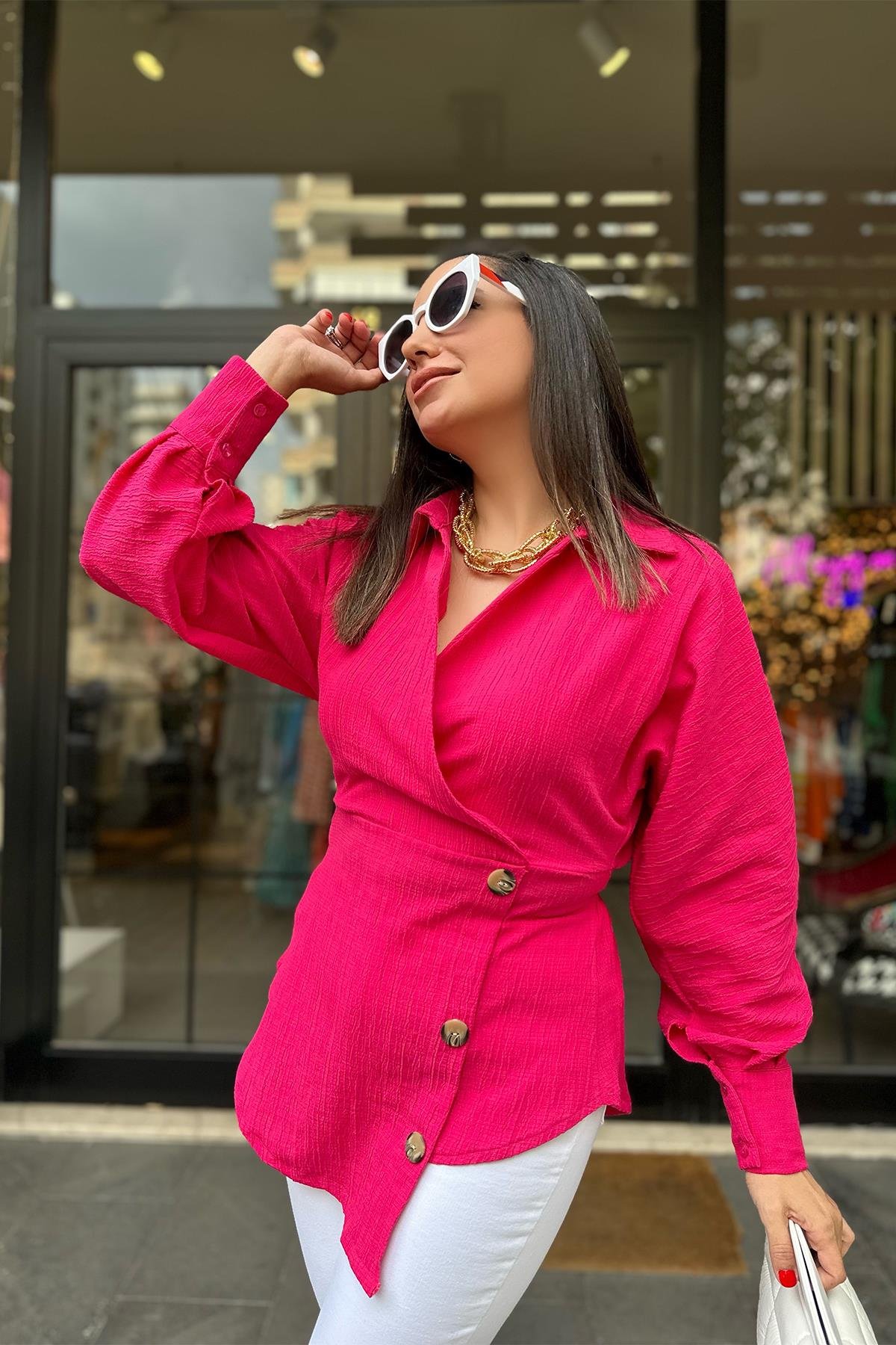Fuşya Kruvaze Yaka Düğme Detaylı Bluz