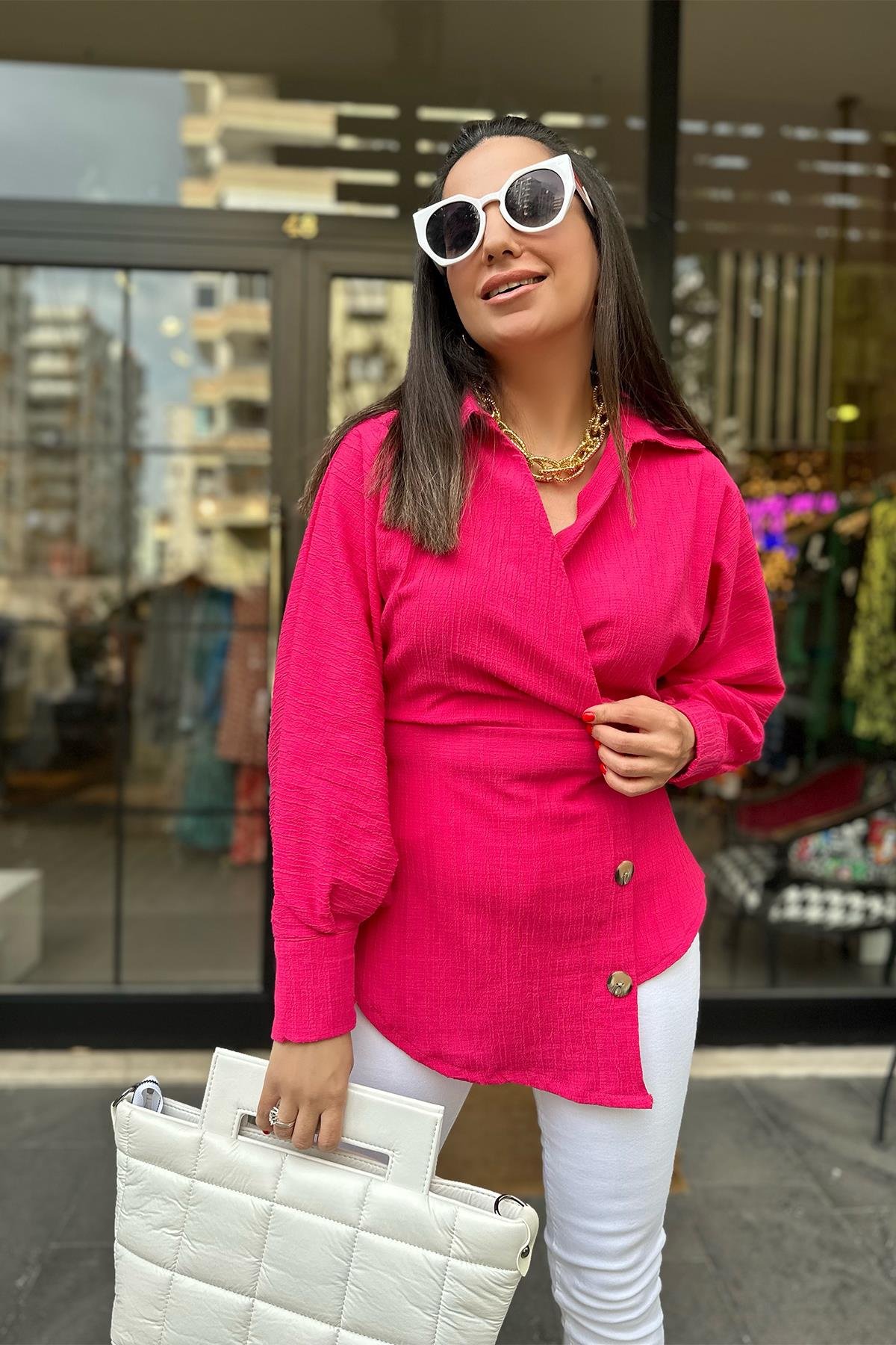 Fuşya Kruvaze Yaka Düğme Detaylı Bluz