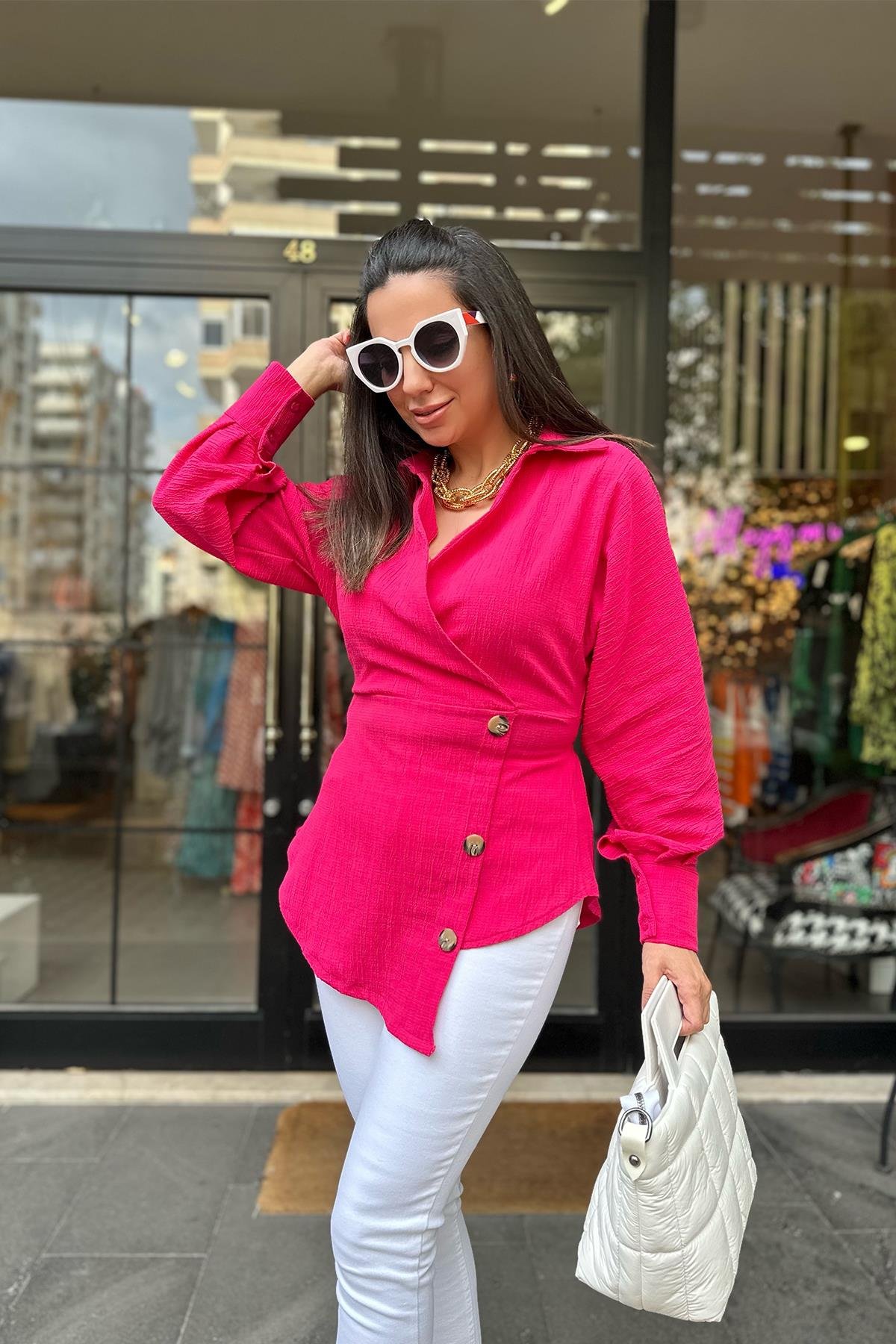 Fuşya Kruvaze Yaka Düğme Detaylı Bluz