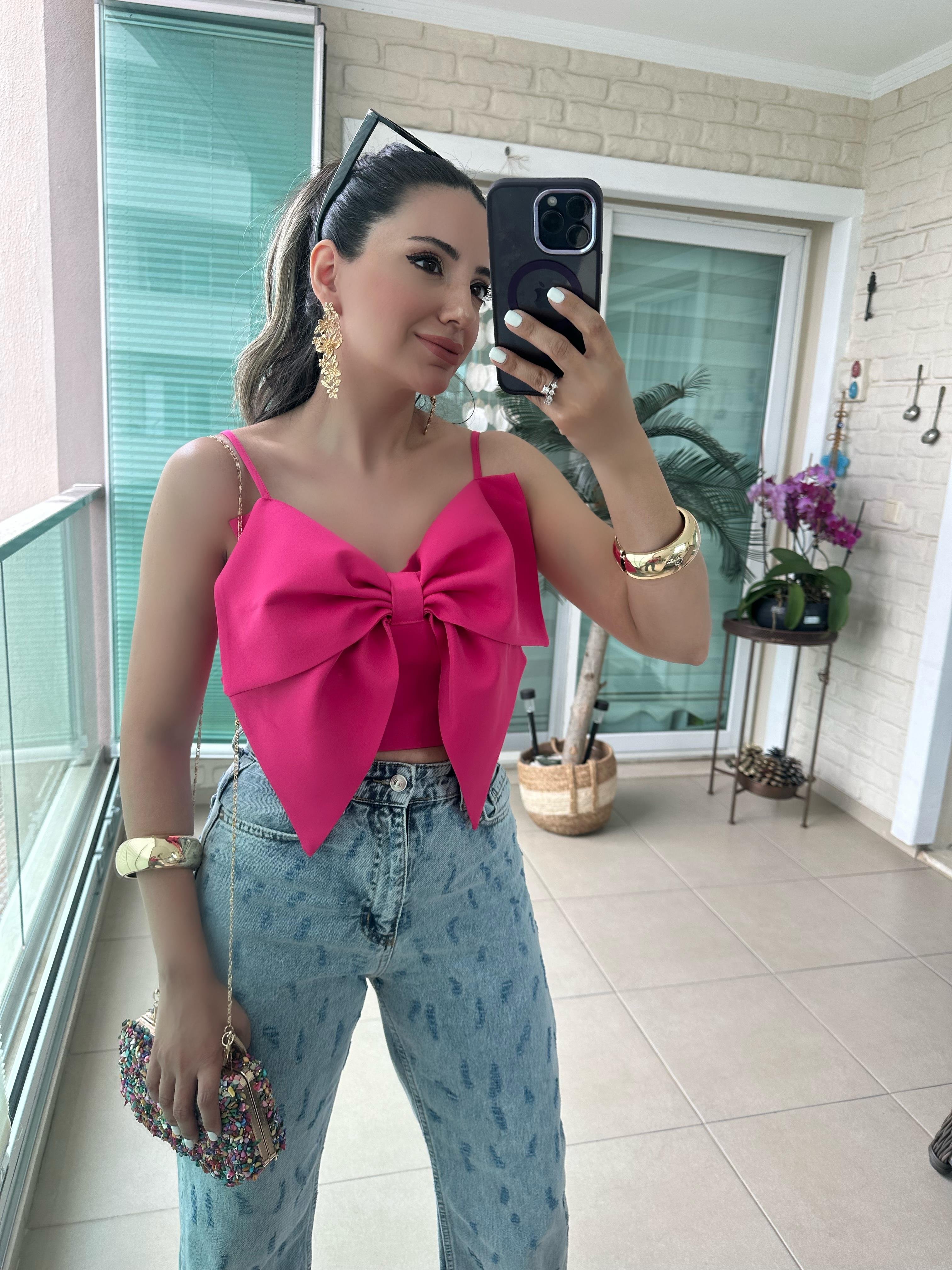 Fuşya Önü Fiyonklu Bluz