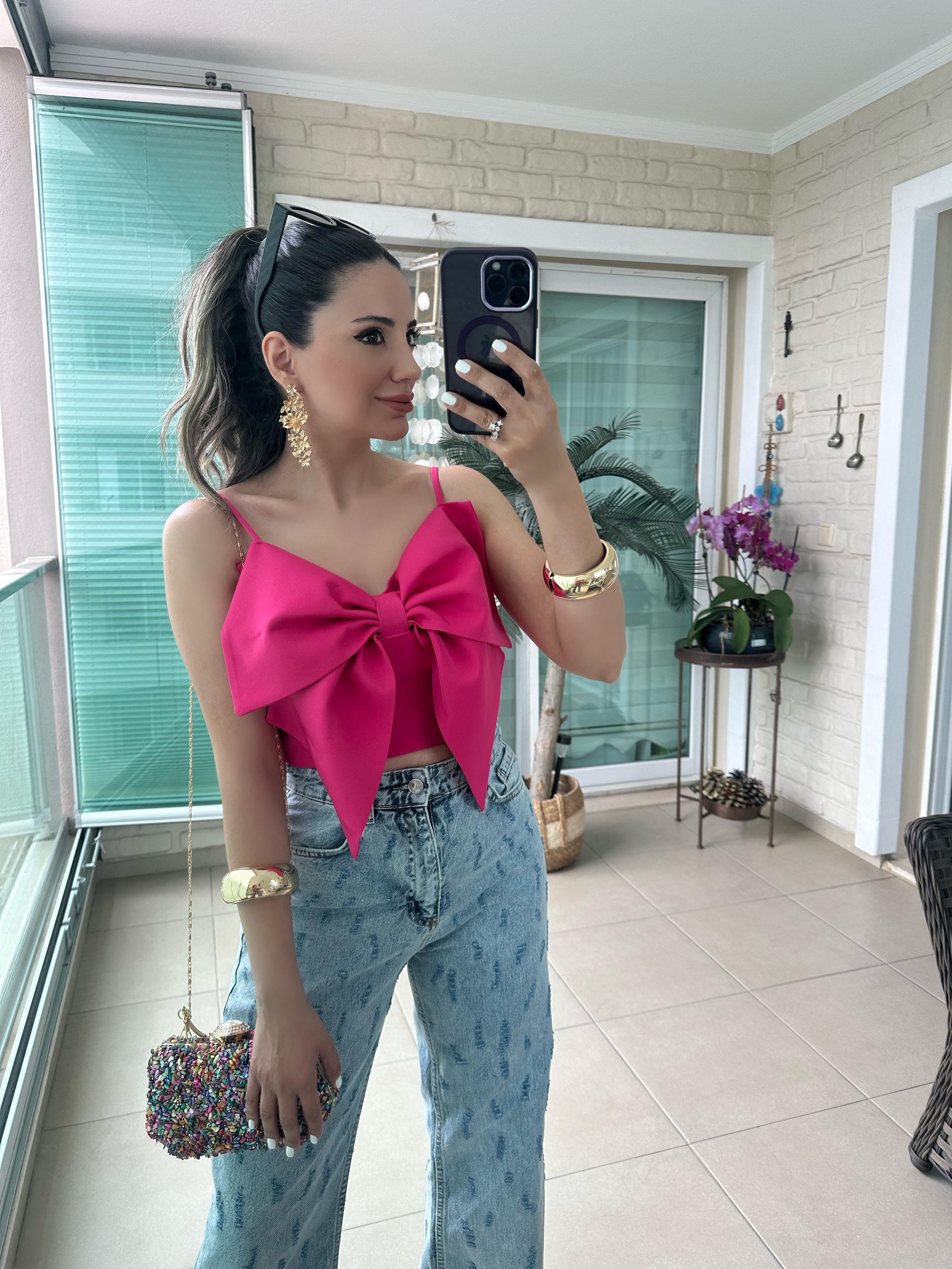 Fuşya Önü Fiyonklu Bluz