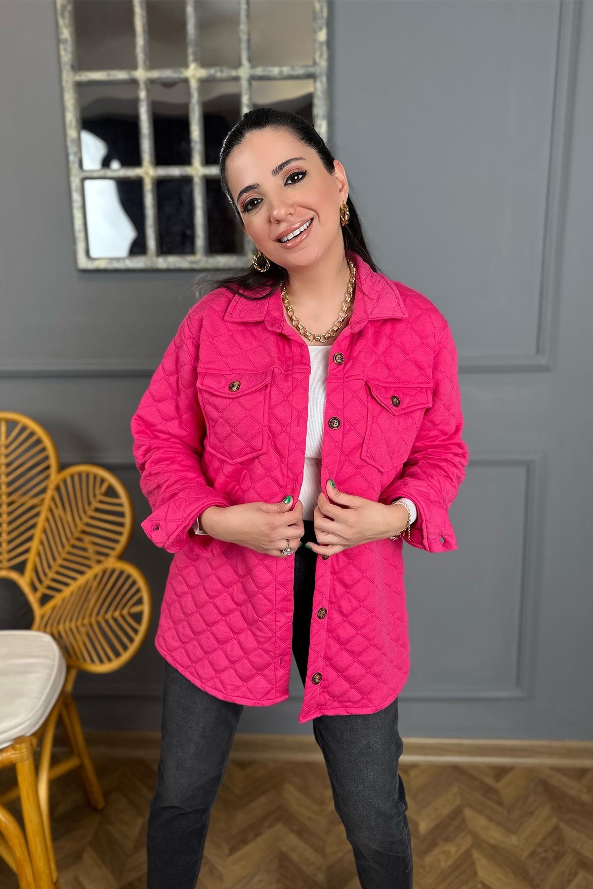 Fuşya Pembe Kapitone Gömlek Ceket