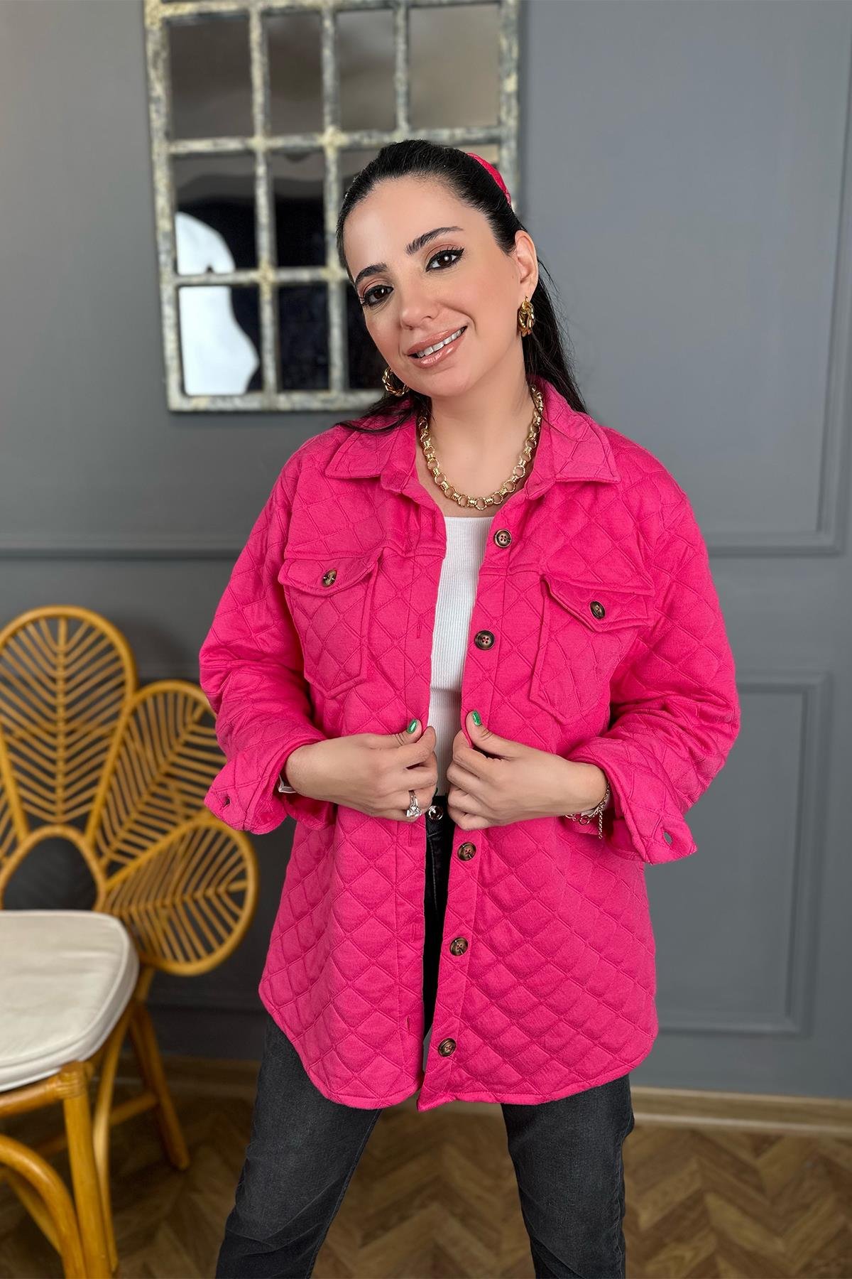 Fuşya Pembe Kapitone Gömlek Ceket