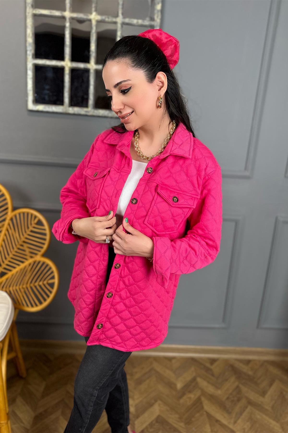 Fuşya Pembe Kapitone Gömlek Ceket