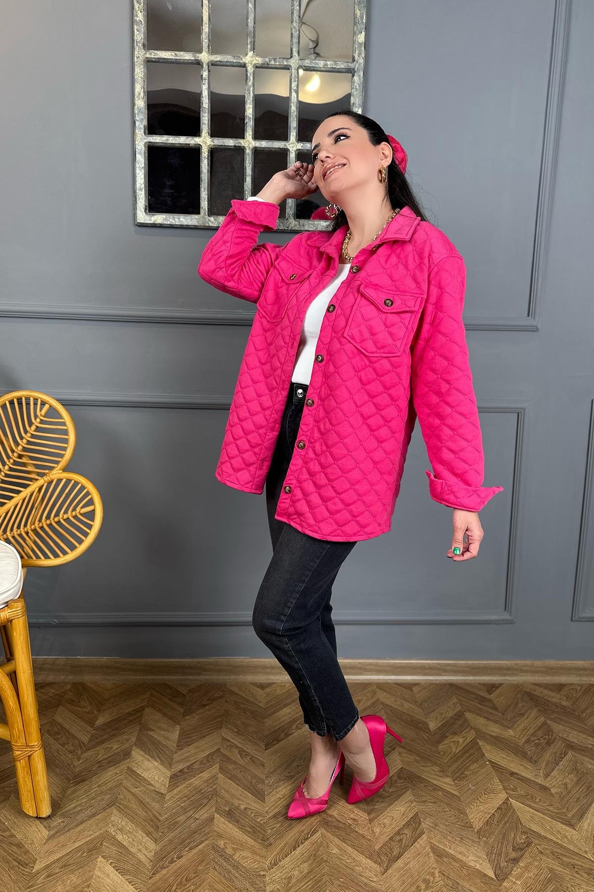 Fuşya Pembe Kapitone Gömlek Ceket