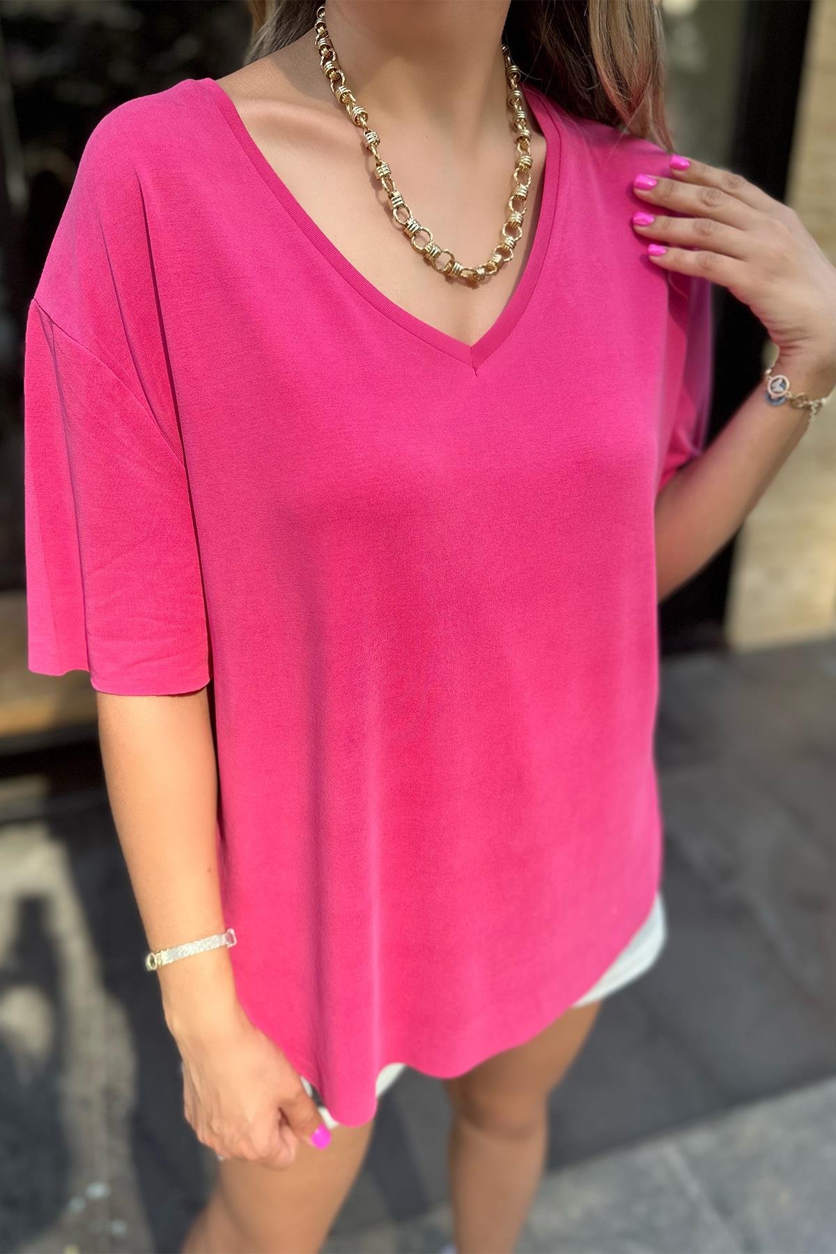 Fuşya Pembe Modal Kumaş Tshirt