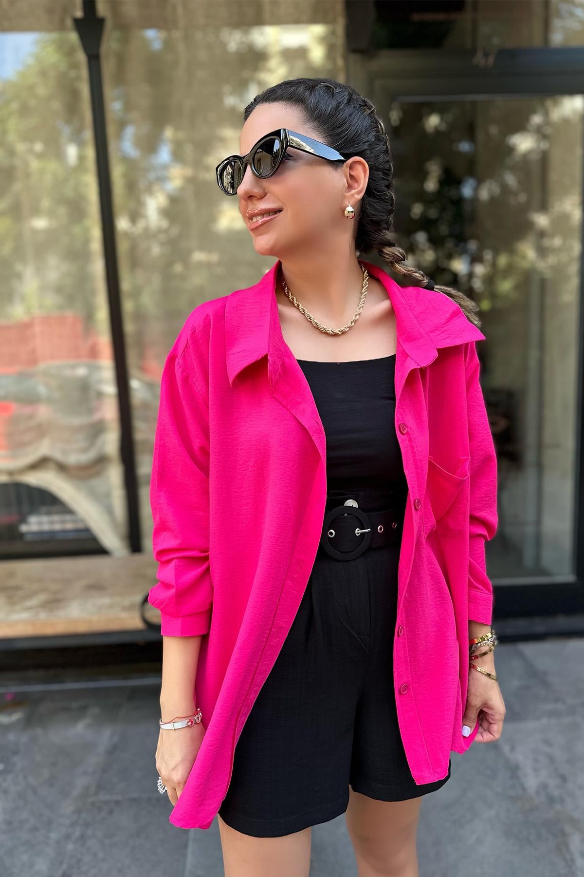Fuşya Pembe Tek Cepli Oversize Gömlek