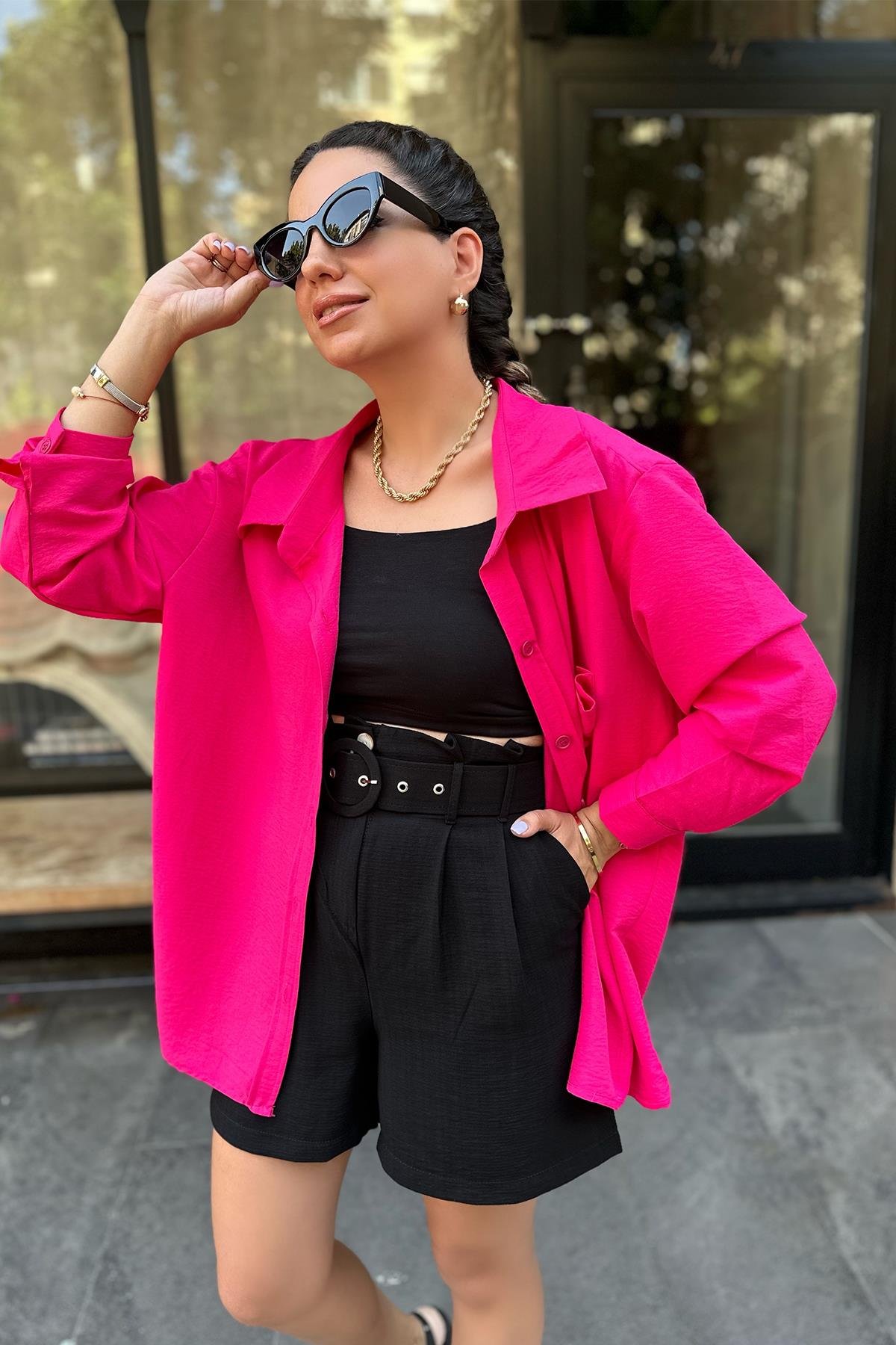 Fuşya Pembe Tek Cepli Oversize Gömlek