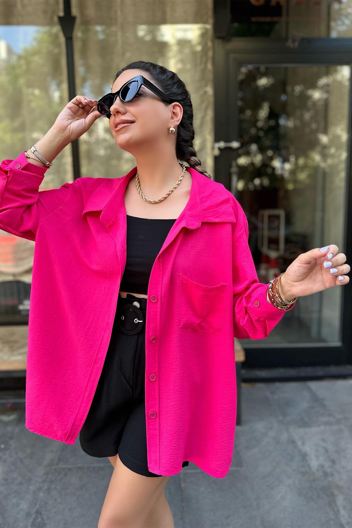 Fuşya Pembe Tek Cepli Oversize Gömlek