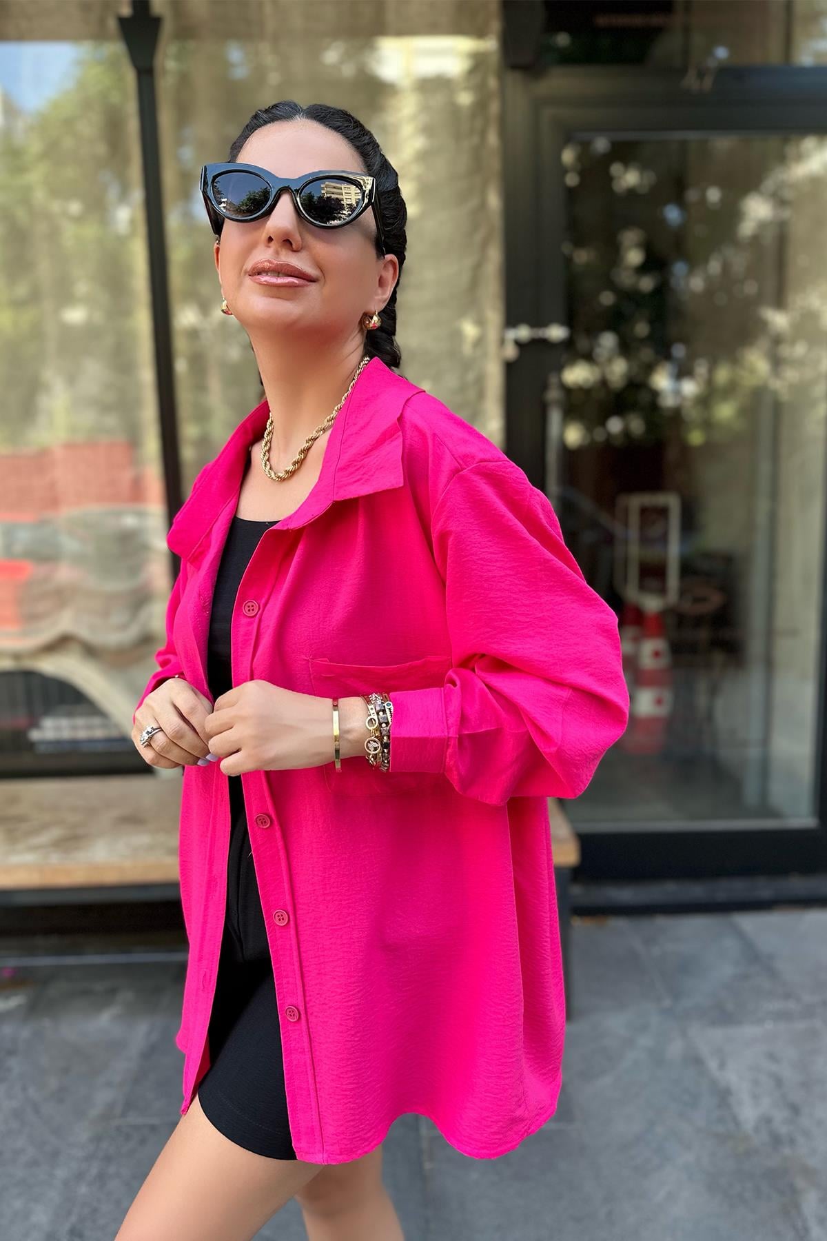 Fuşya Pembe Tek Cepli Oversize Gömlek