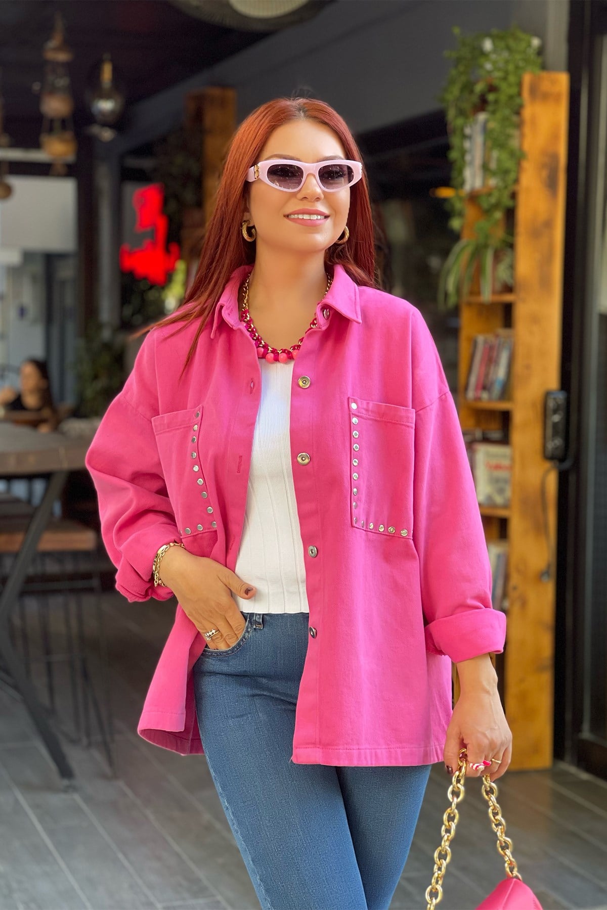 Fuşya Pembe Zımba Detaylı Ceket
