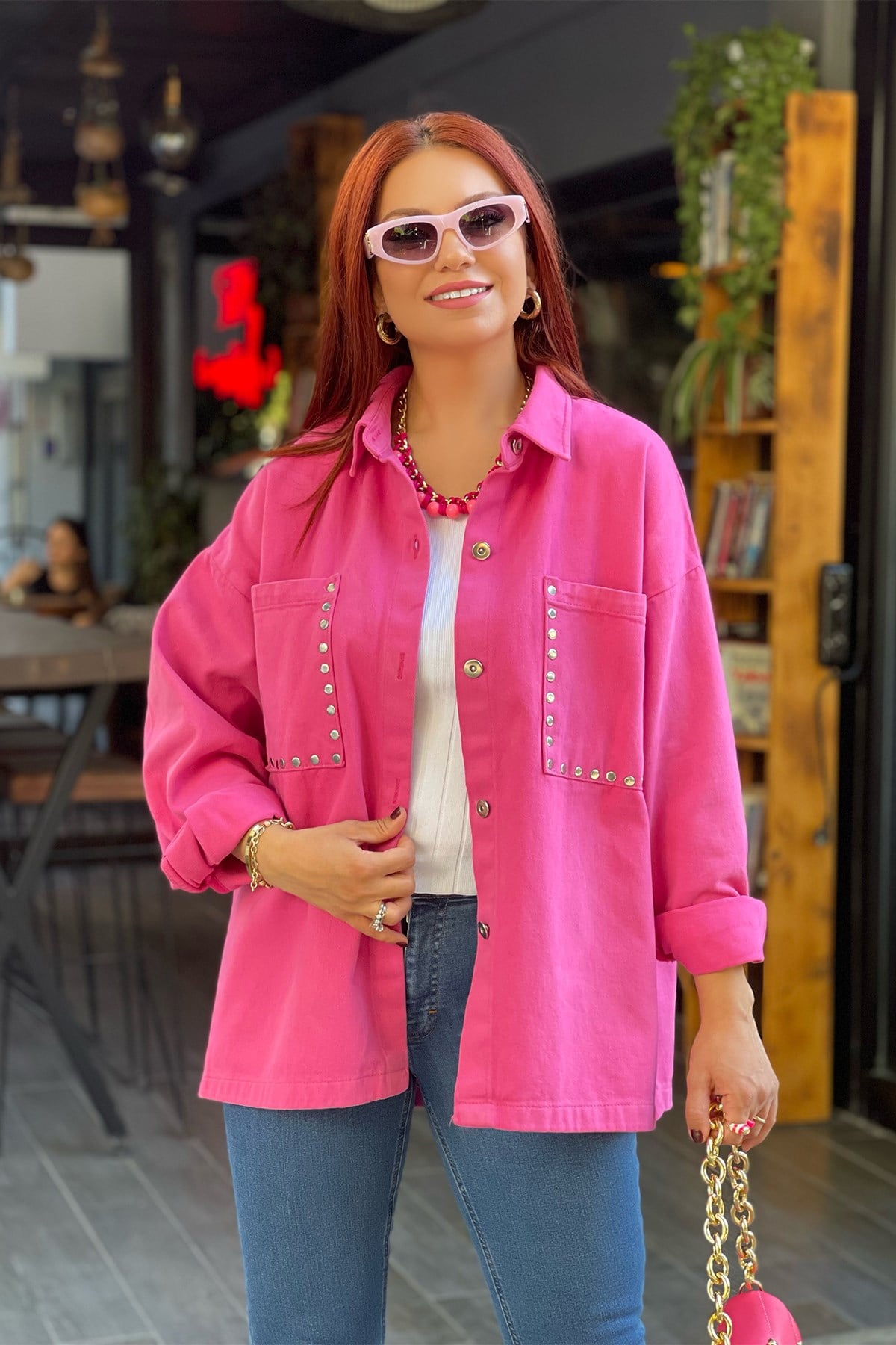 Fuşya Pembe Zımba Detaylı Ceket
