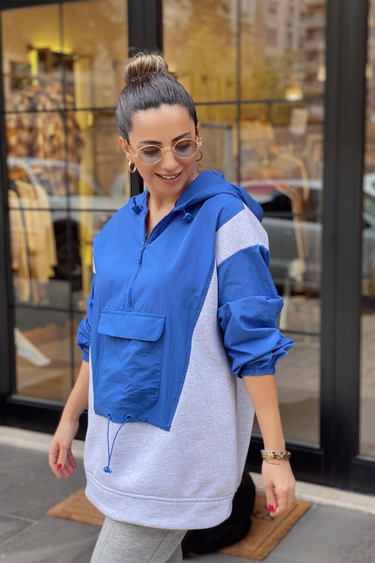 Garnili Mavi Kapşonlu Sweat