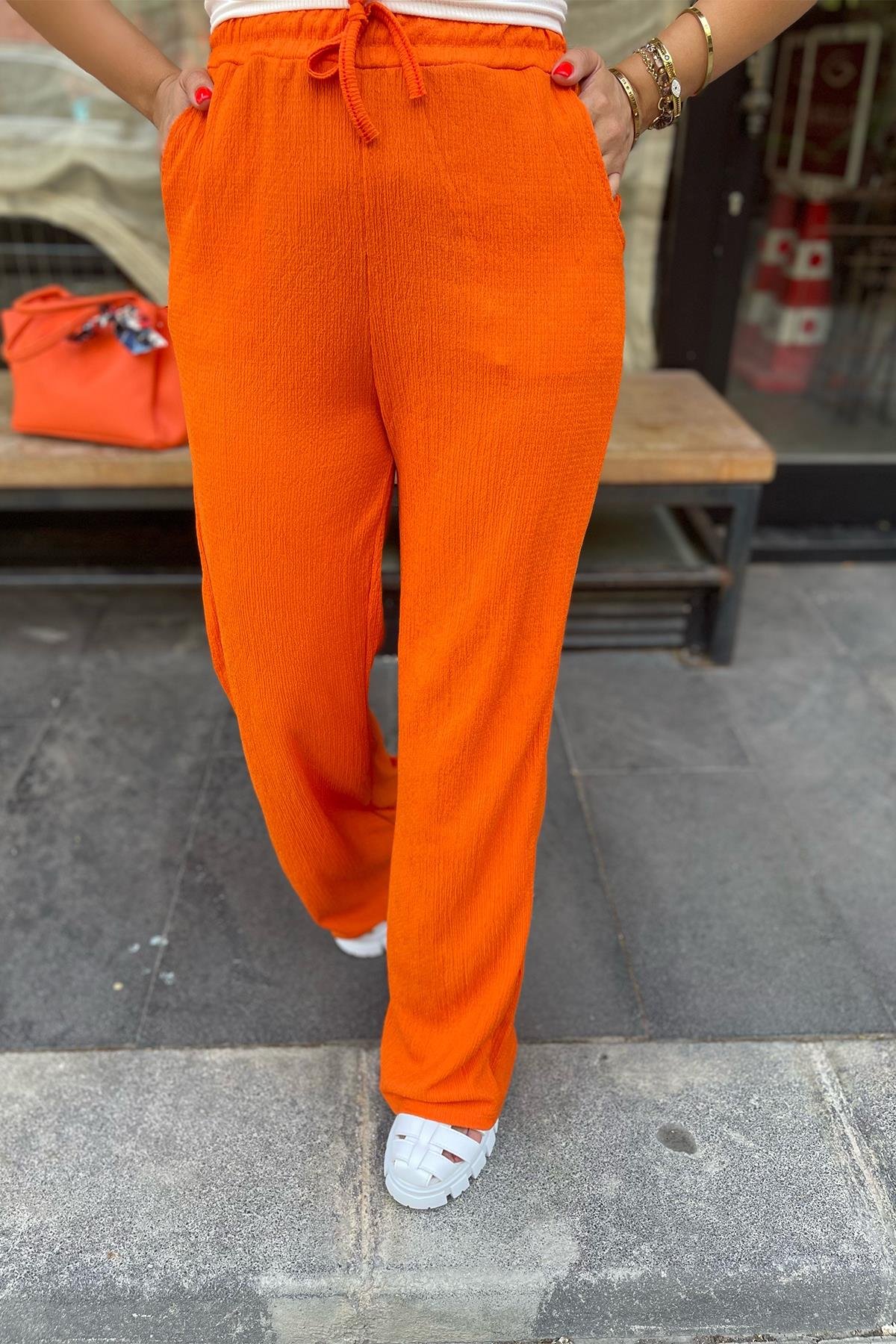 Geniş Paça Beli Lastikli Turuncu Pantolon