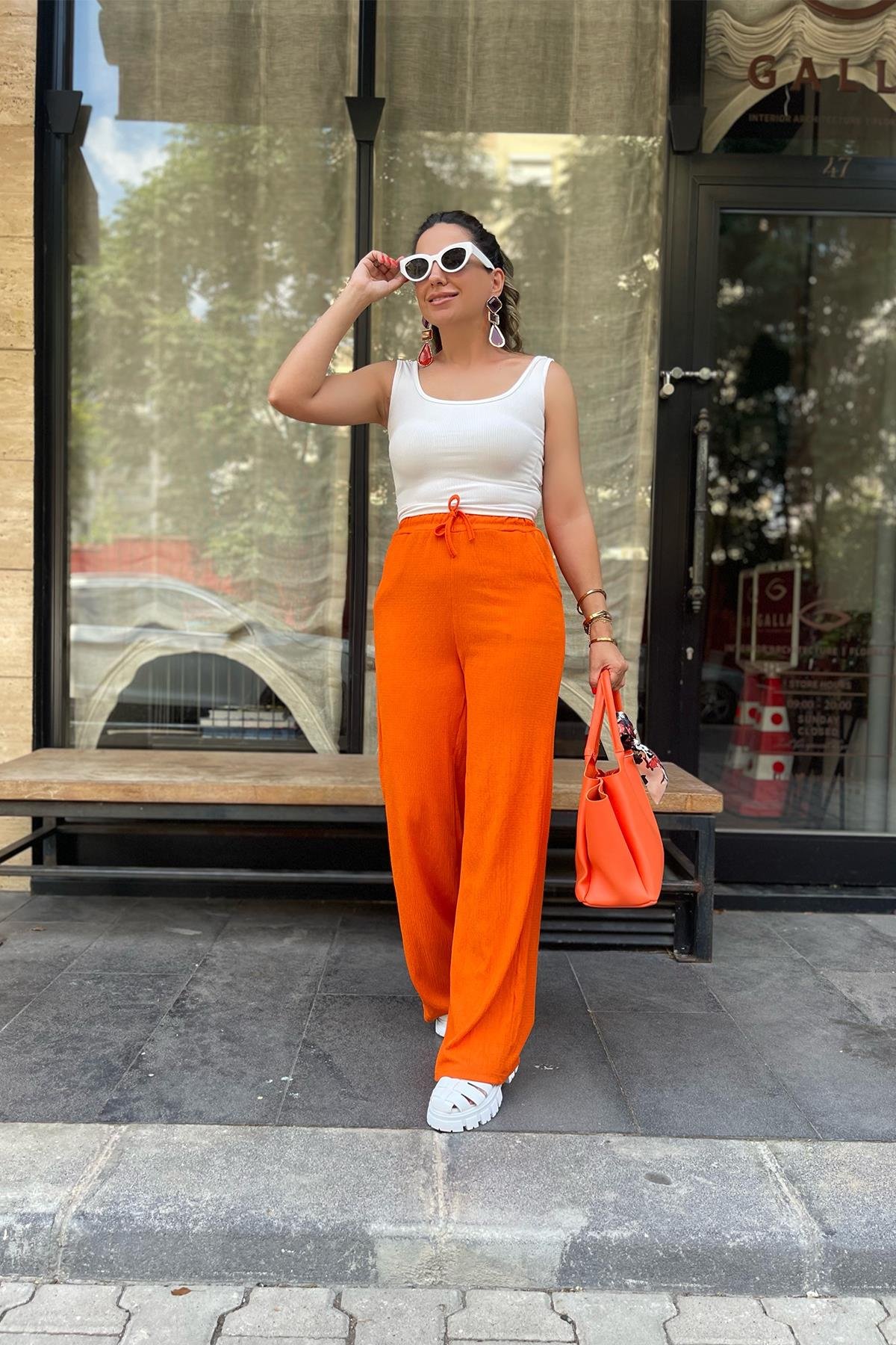 Geniş Paça Beli Lastikli Turuncu Pantolon
