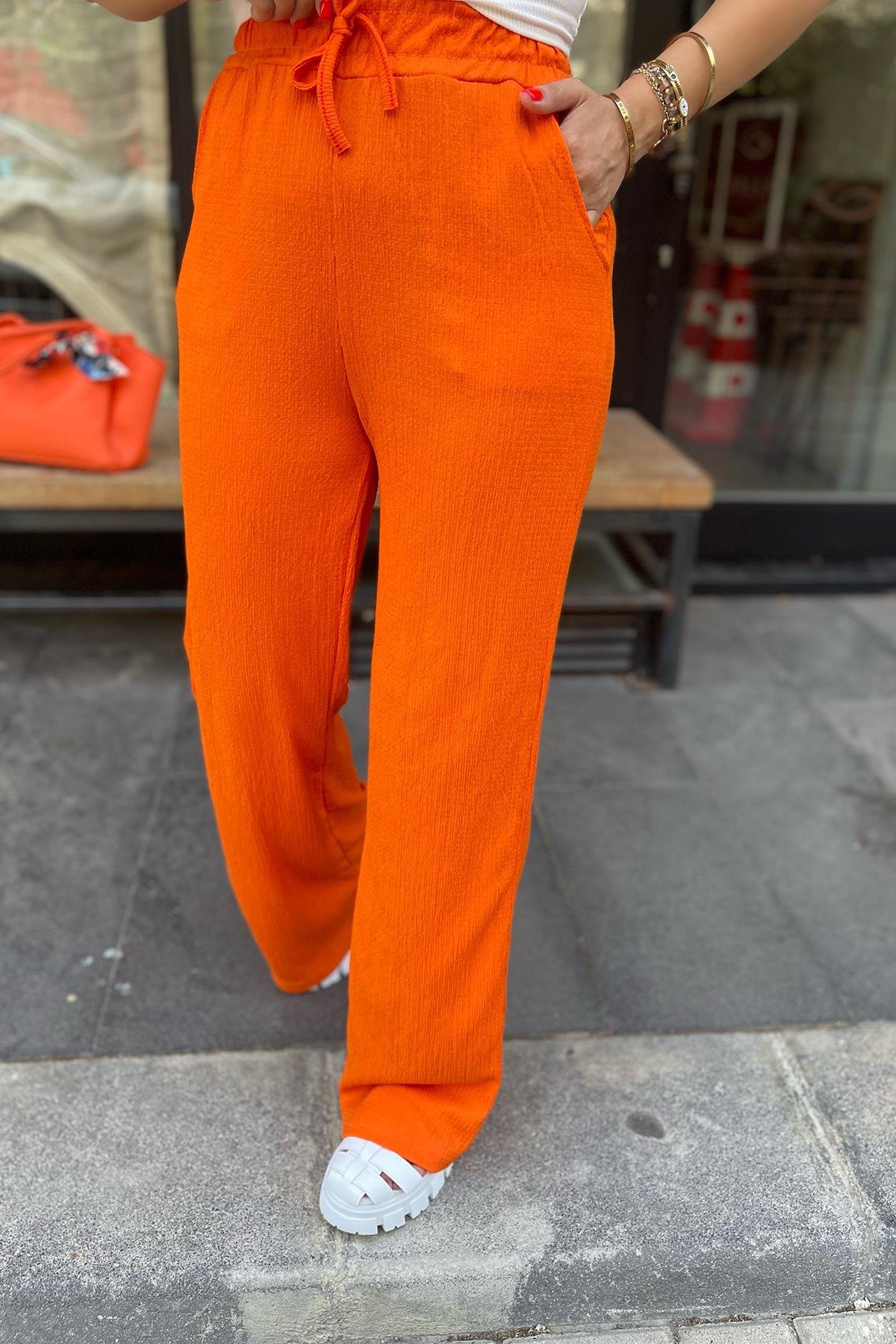 Geniş Paça Beli Lastikli Turuncu Pantolon