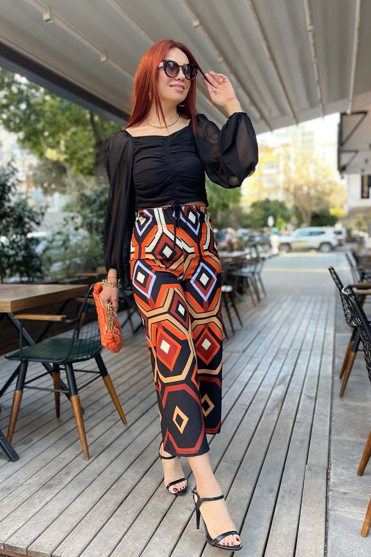 Geometrik Desenli Bol Paça.  Pantolon 