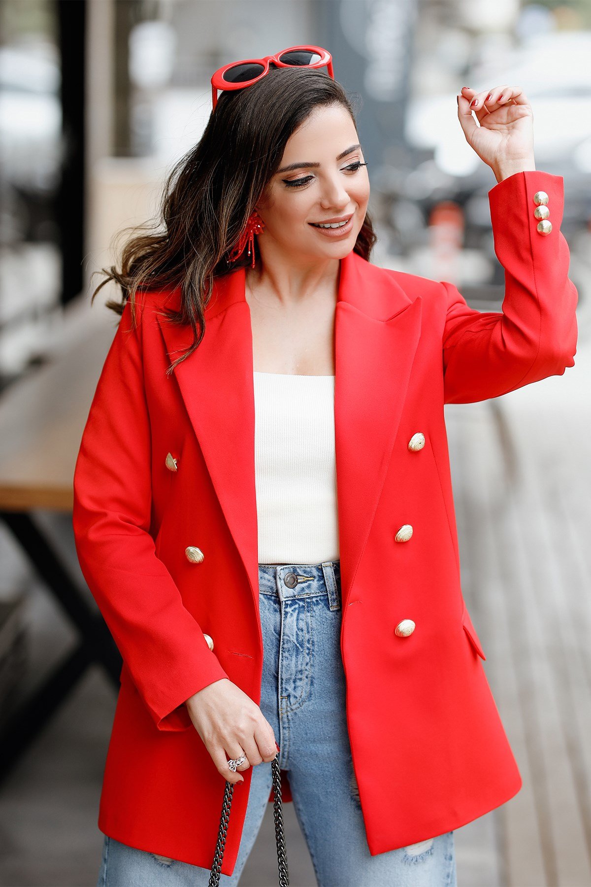 Gold Düğme Detaylı Kırmızı Blazer Ceket