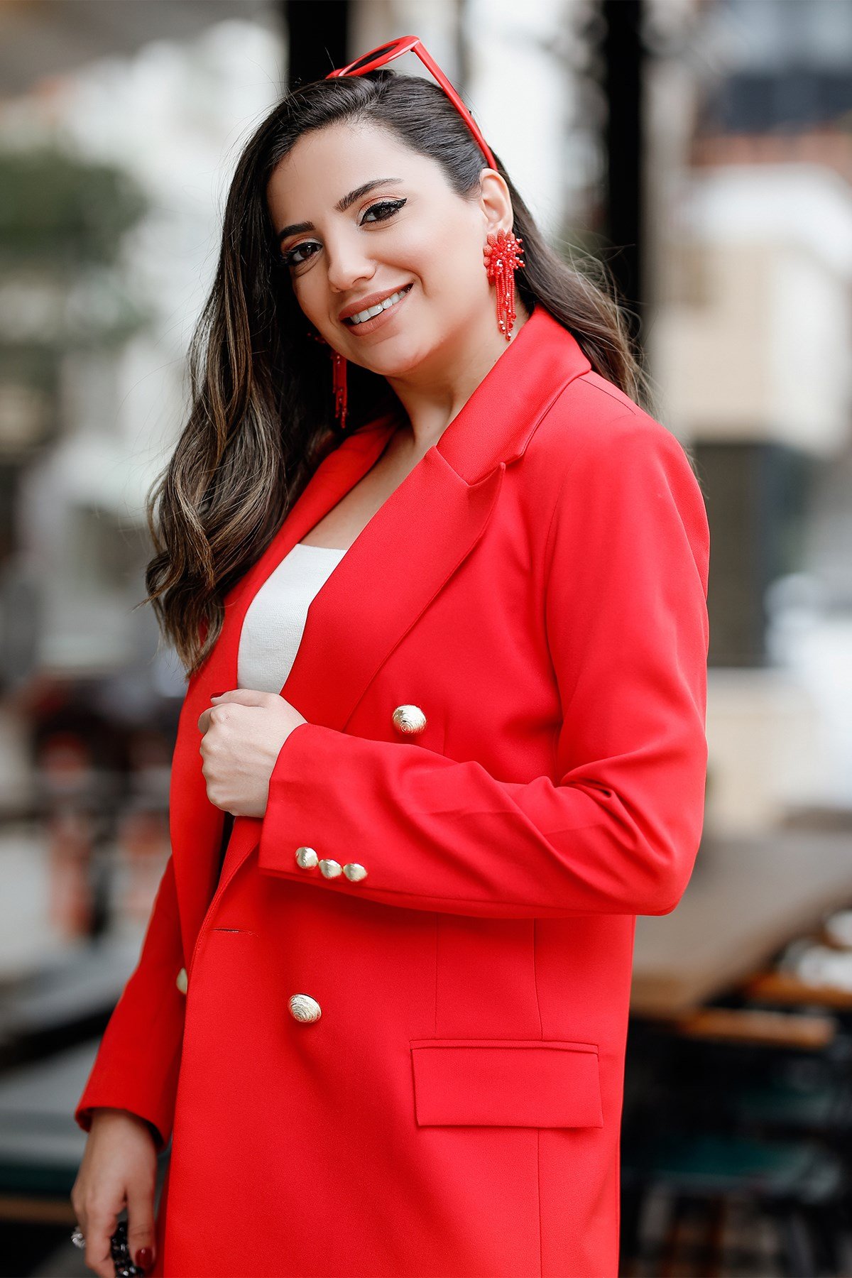 Gold Düğme Detaylı Kırmızı Blazer Ceket