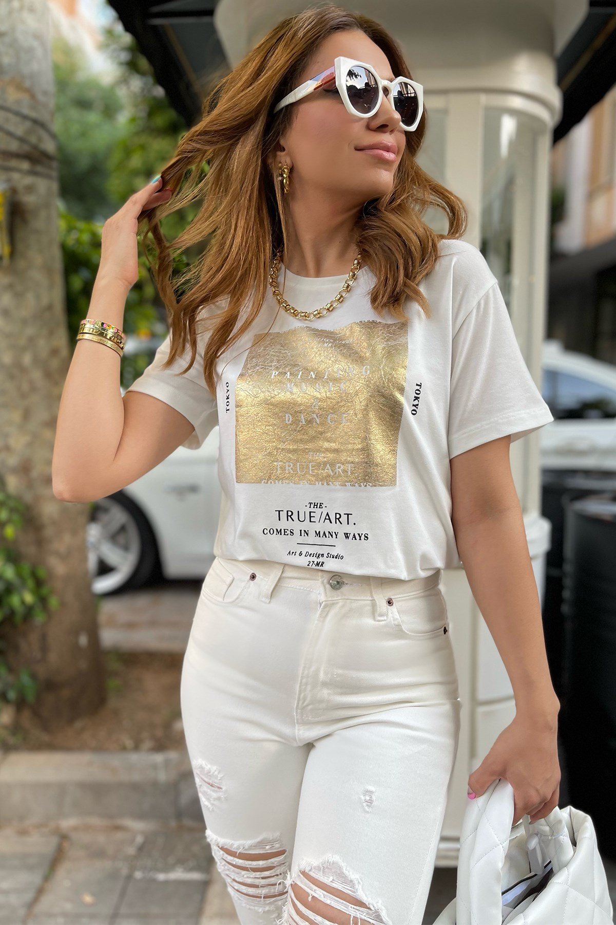 Gold Önü Varaklı Tshirt