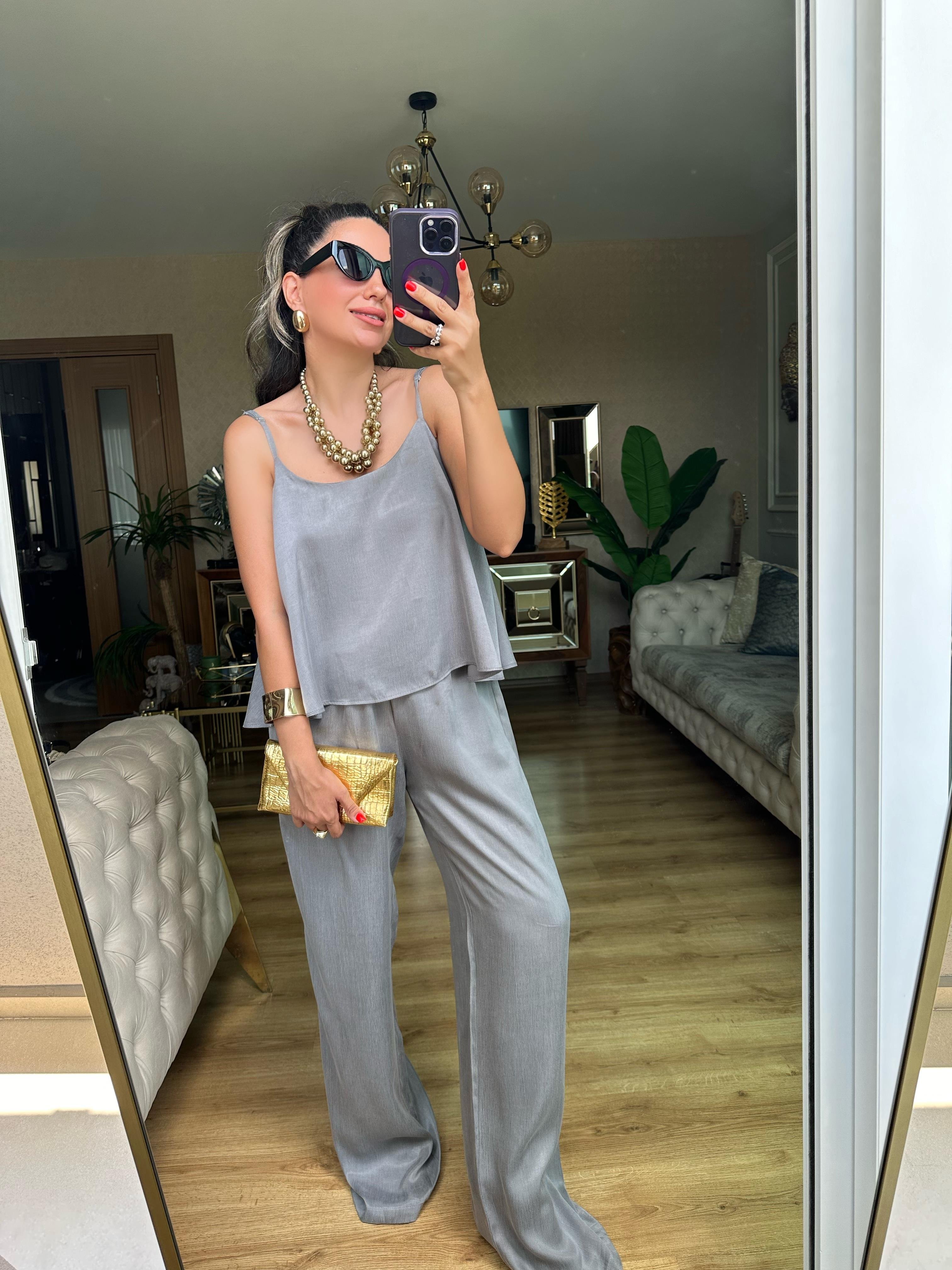 Gri Askılı Pantolon Bluz Takım