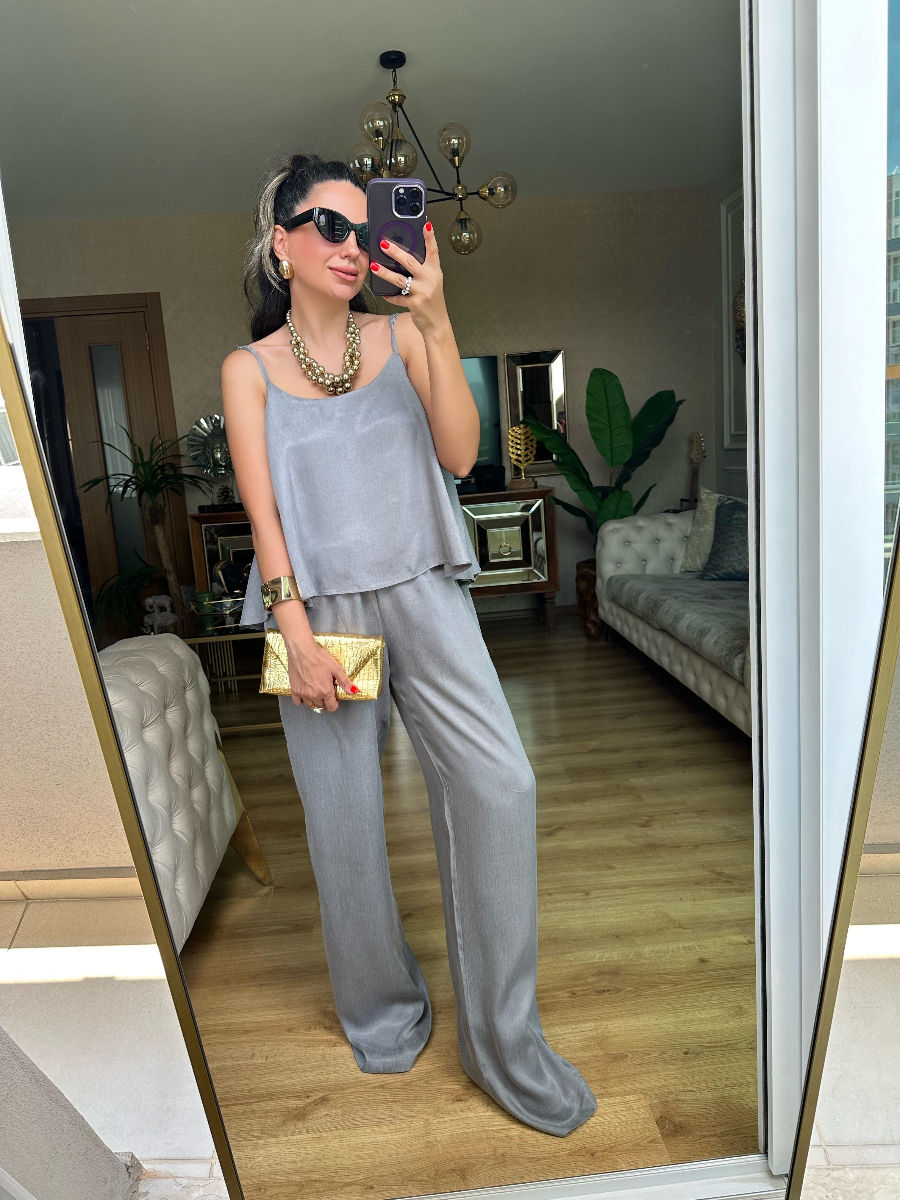 Gri Askılı Pantolon Bluz Takım