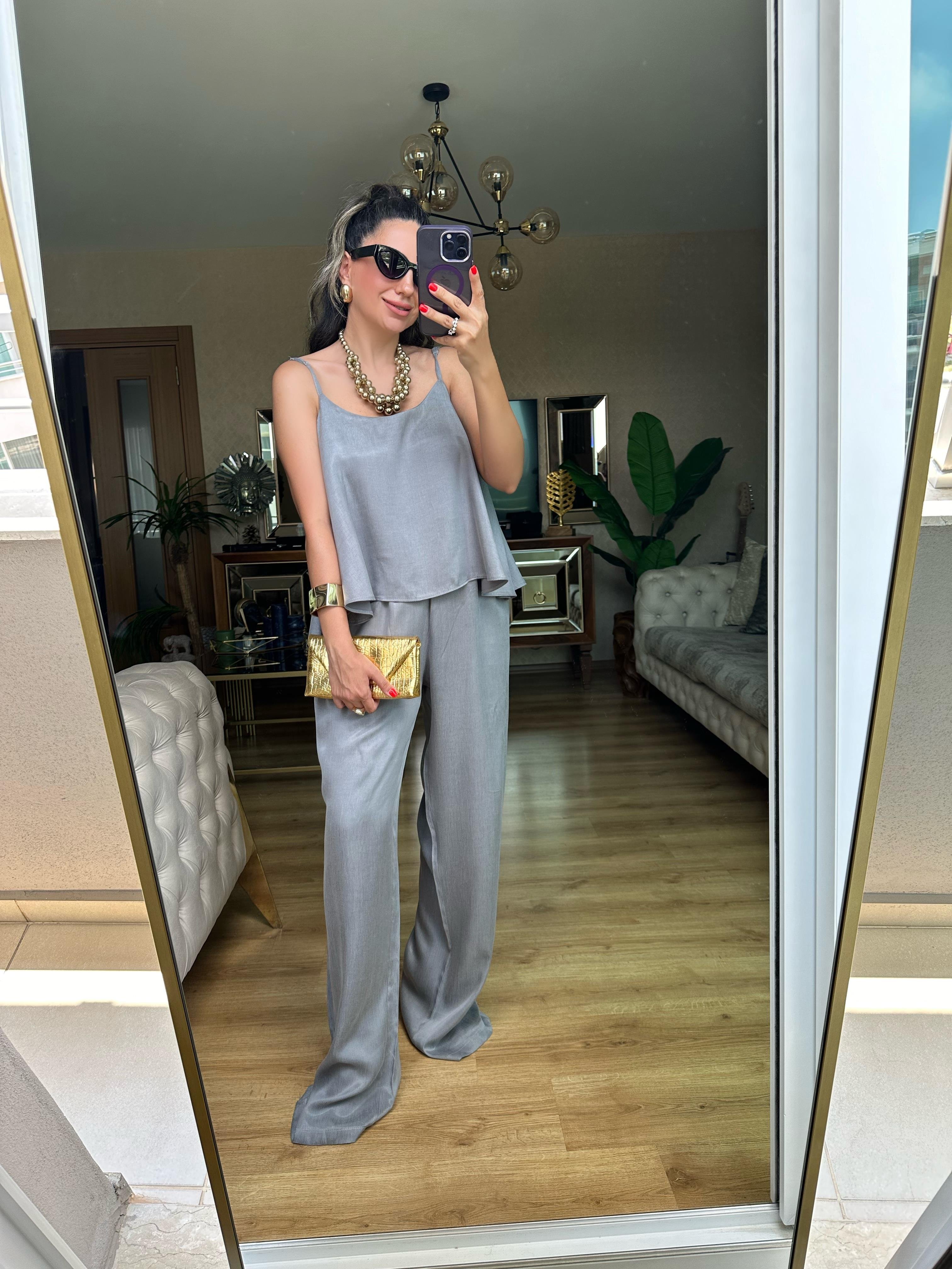 Gri Askılı Pantolon Bluz Takım