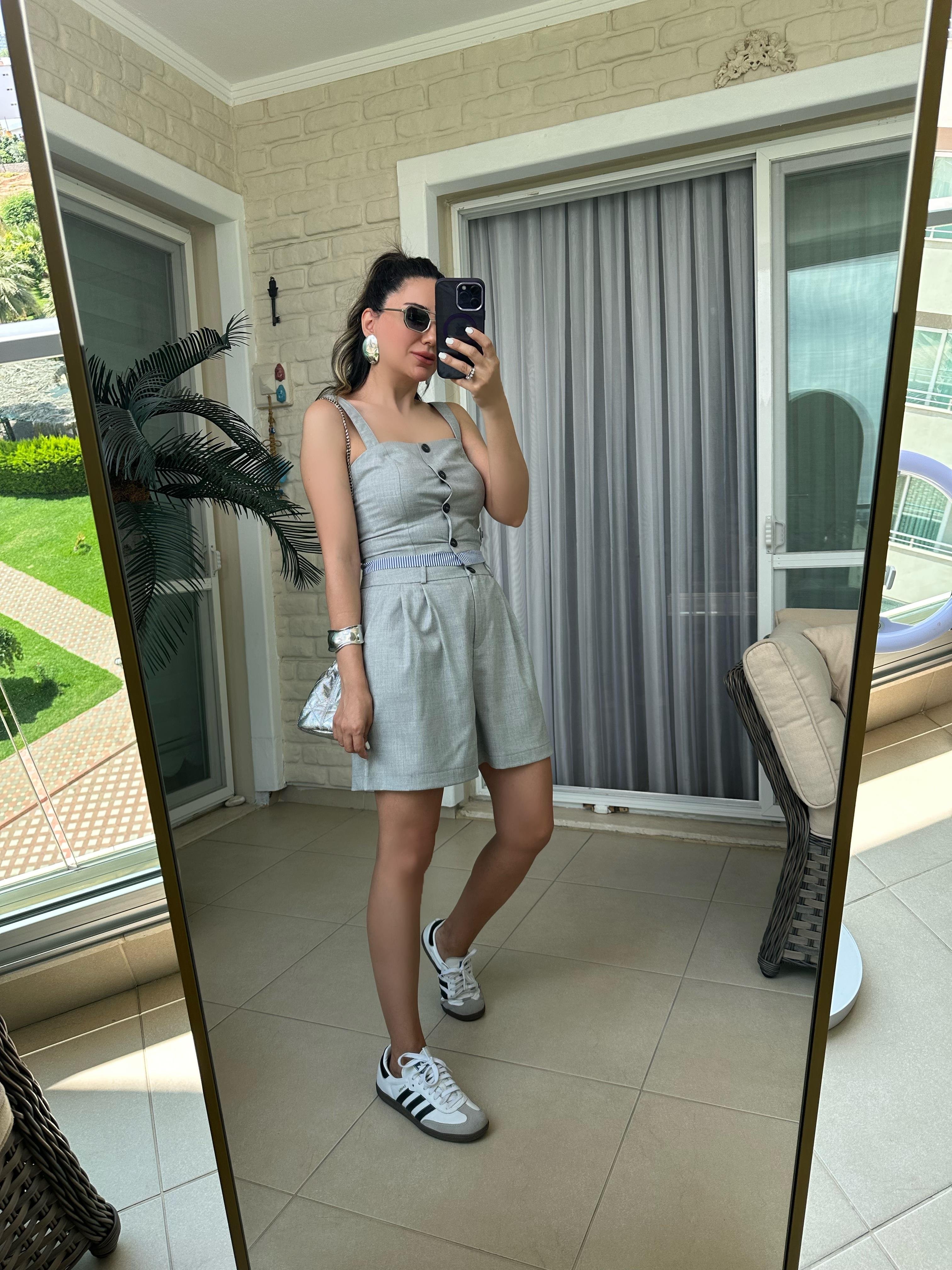 Gri Askılı Şort Bluz Takım