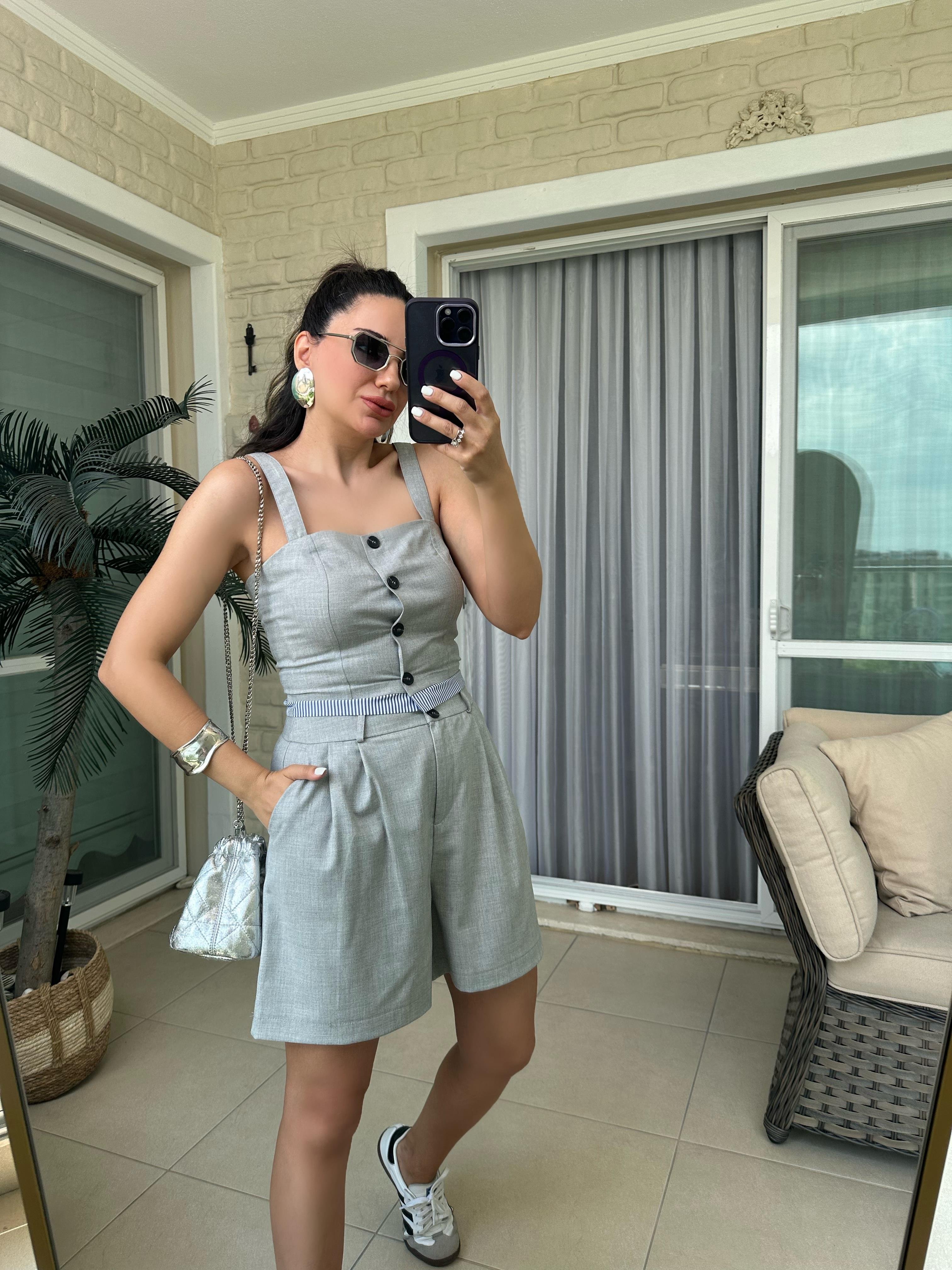 Gri Askılı Şort Bluz Takım